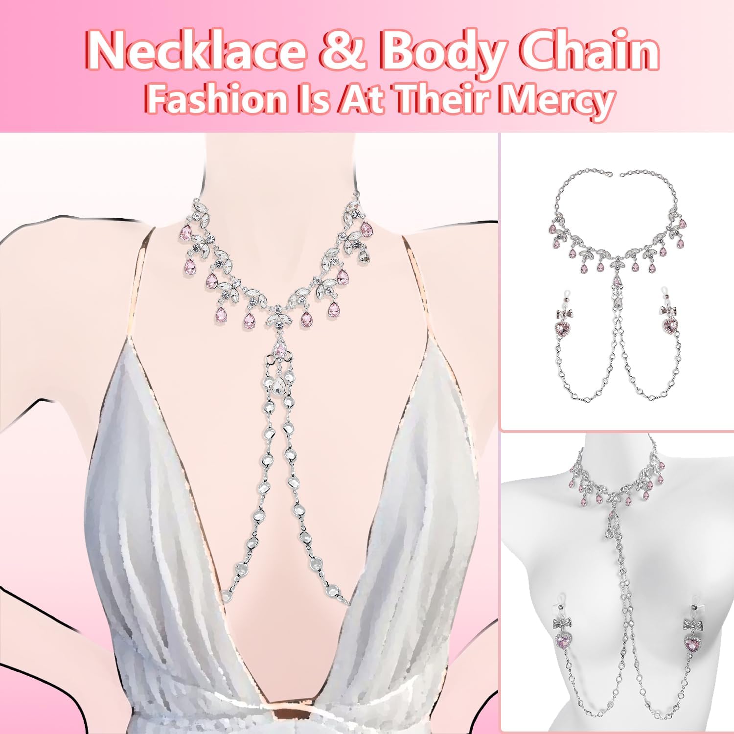 Crystal Body Chain Necklace Set with Rhinestone Pendants, Body Clamps Breast Silver Chain W-Tone Fashion Jewelry for Women(Glamour)