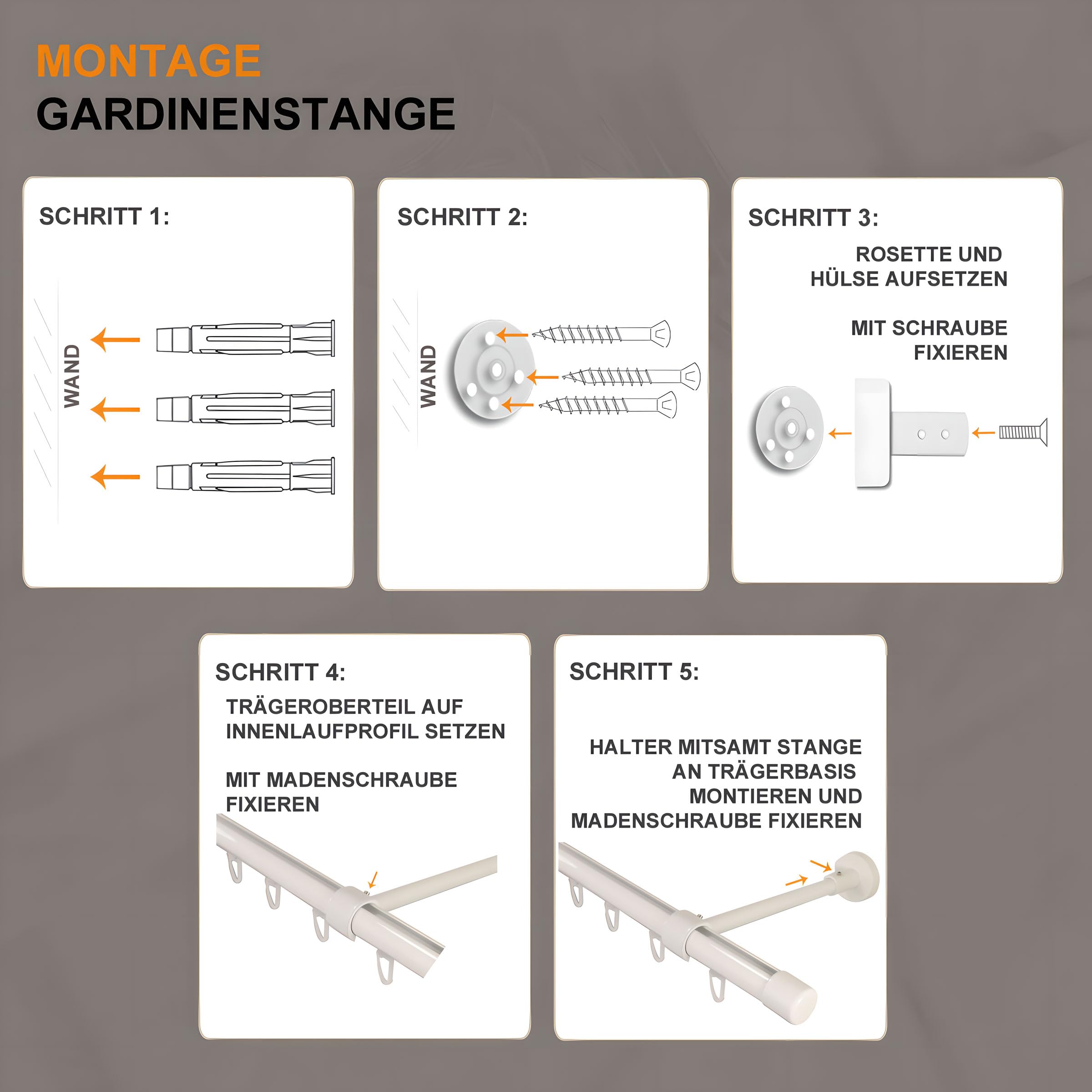 iso-design Gardinenstange Innenlauf Wandmontage weiß 20 mm, Innenlaufstange 1-läufig, großer Wandabstand, Wandhalter kürzbar, Endstück Kappe, 120 cm