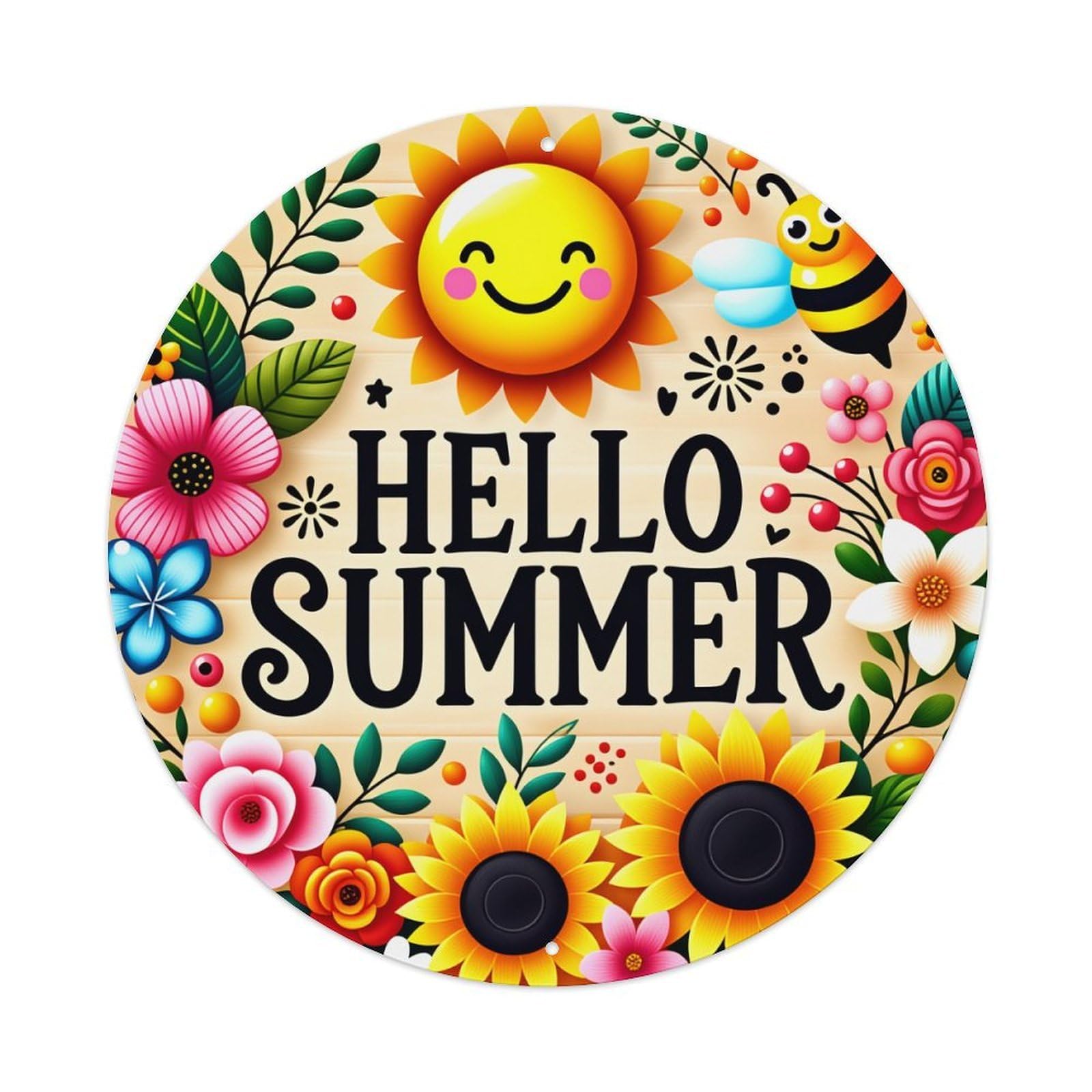 Sunflower Bee Flowers Summer Hello Round Tin Sign Vintage Metal Poster Retro Bar, Home, Man Cave, Kitchen, Laundry Room Wall Art Decor Gift 8x8In