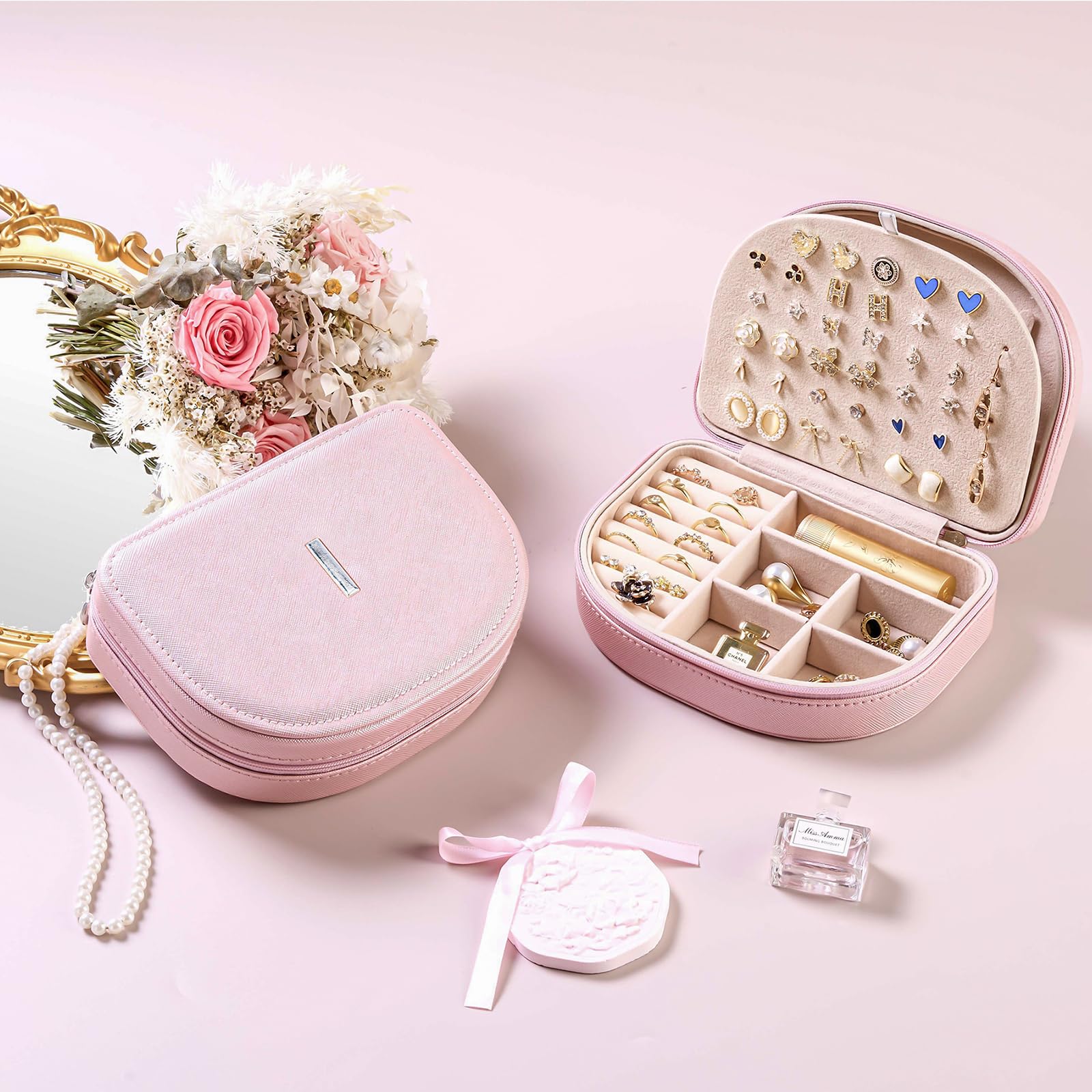 ProCase Personalized Travel Jewelry Case Organizer with Initial, Stocking Stuffers Monogrammed Small Jewelry Storage Box Christmas Gifts for Women Teen Girls -Letter I, Pink