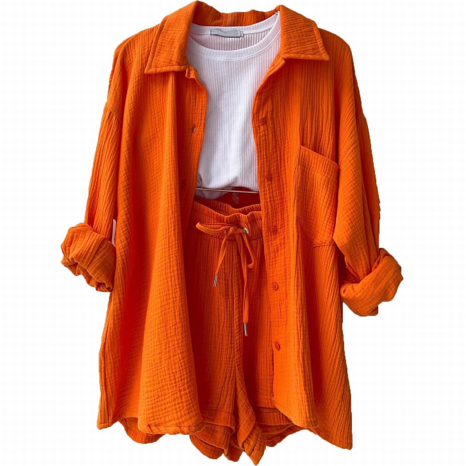 Damen Zweiteiler Sommer Musselin Bluse Hemd und Hosen Shorts Loungewear Damen Set Travel Outfit Elegant