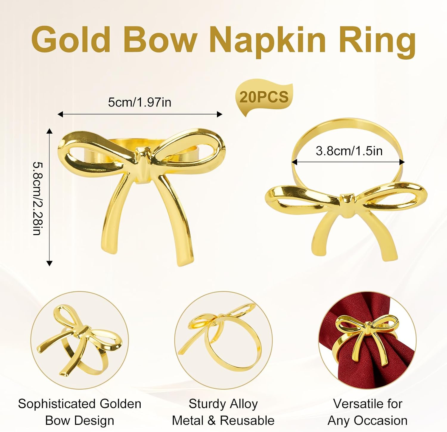 20Pcs Gold Bow Napkin Rings Metal Napkin Holders,Christmas Serviette Buckle