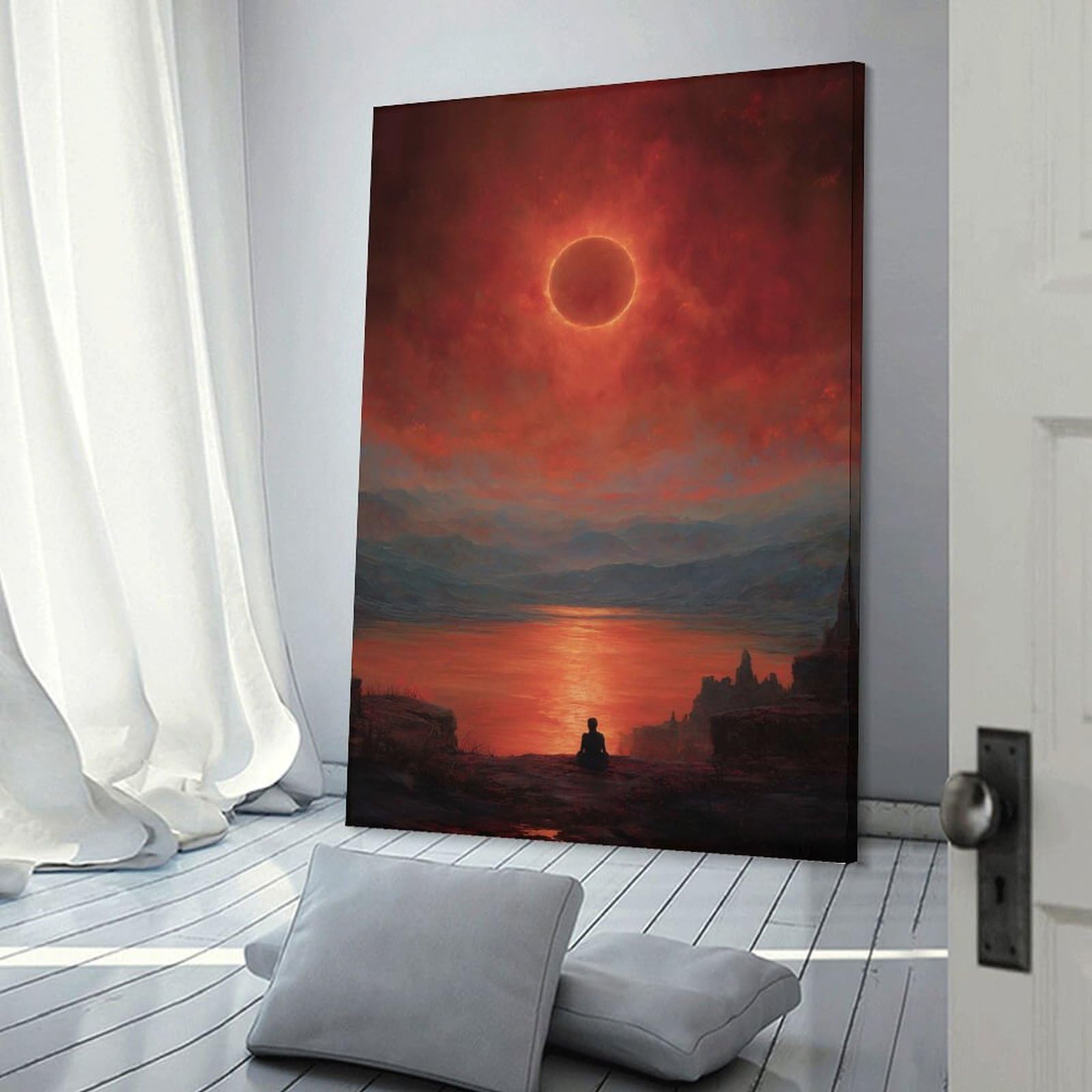 Junmoney Frame-Style-11 Person Meditating During A Solar Eclipse Canvas Wall Art 08X12inch(20X30cm), For Workspace Walls, Study Corners Or Bedrooms, Wall Art That Adds Style To Work Areas