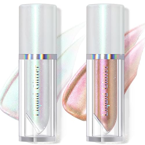 HOSAILY Sombra de ojos líquida con purpurina de 2 colores, color camaleón blanco rosa dorado holográfico multicromo, delineador de ojos metálico que