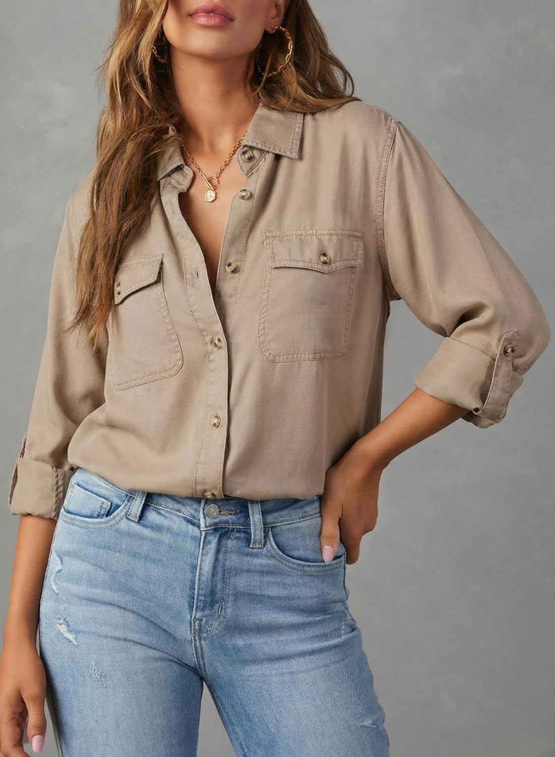 Astylish Women Button Down Denim Shirts Casual Long Sleeve V Neck Chambray Blouse Top