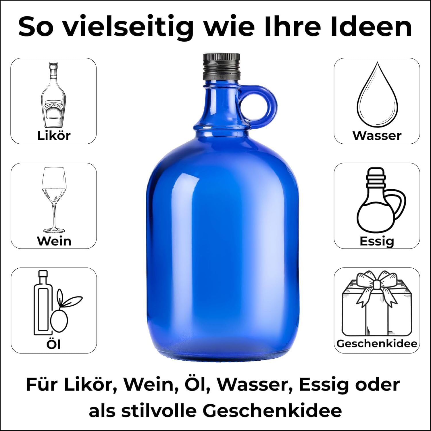 lilawelt24 2L blaue Flasche Weinballon Glasballon GÄRBALLON Weinflasche Likörflaschen Essig-Öl Flasche (4x 2L)