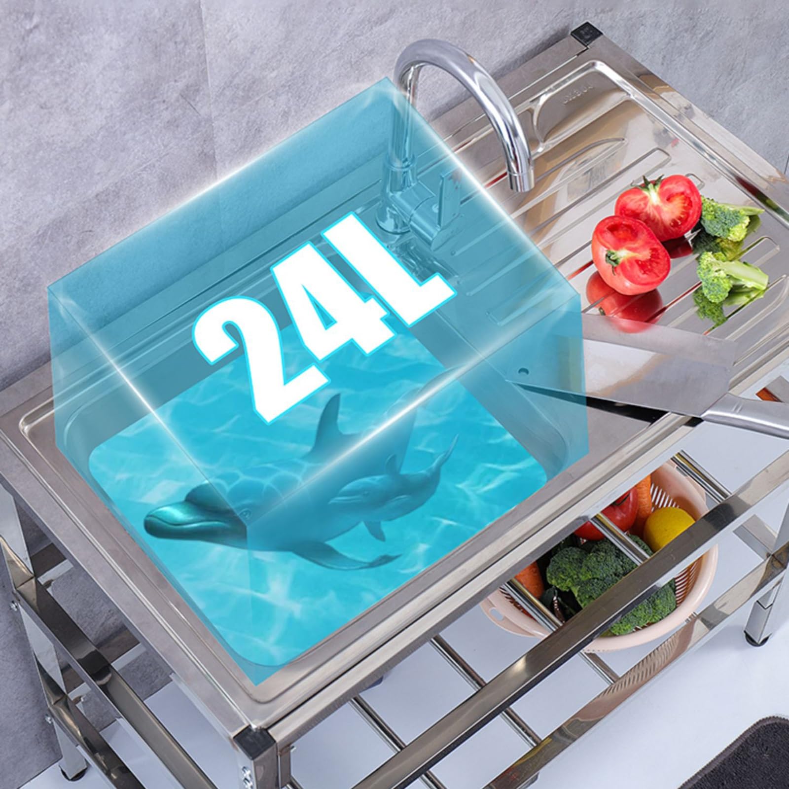 Évier de Jardin Extérieur Professionnel avec Chaud/froid Robinet et Support,Évier de Cuisine en Acier Inoxydable Sur Pied Avec Établi, Evier INOX 1 Bac avec Egouttoir,pour cuisines,Jardin