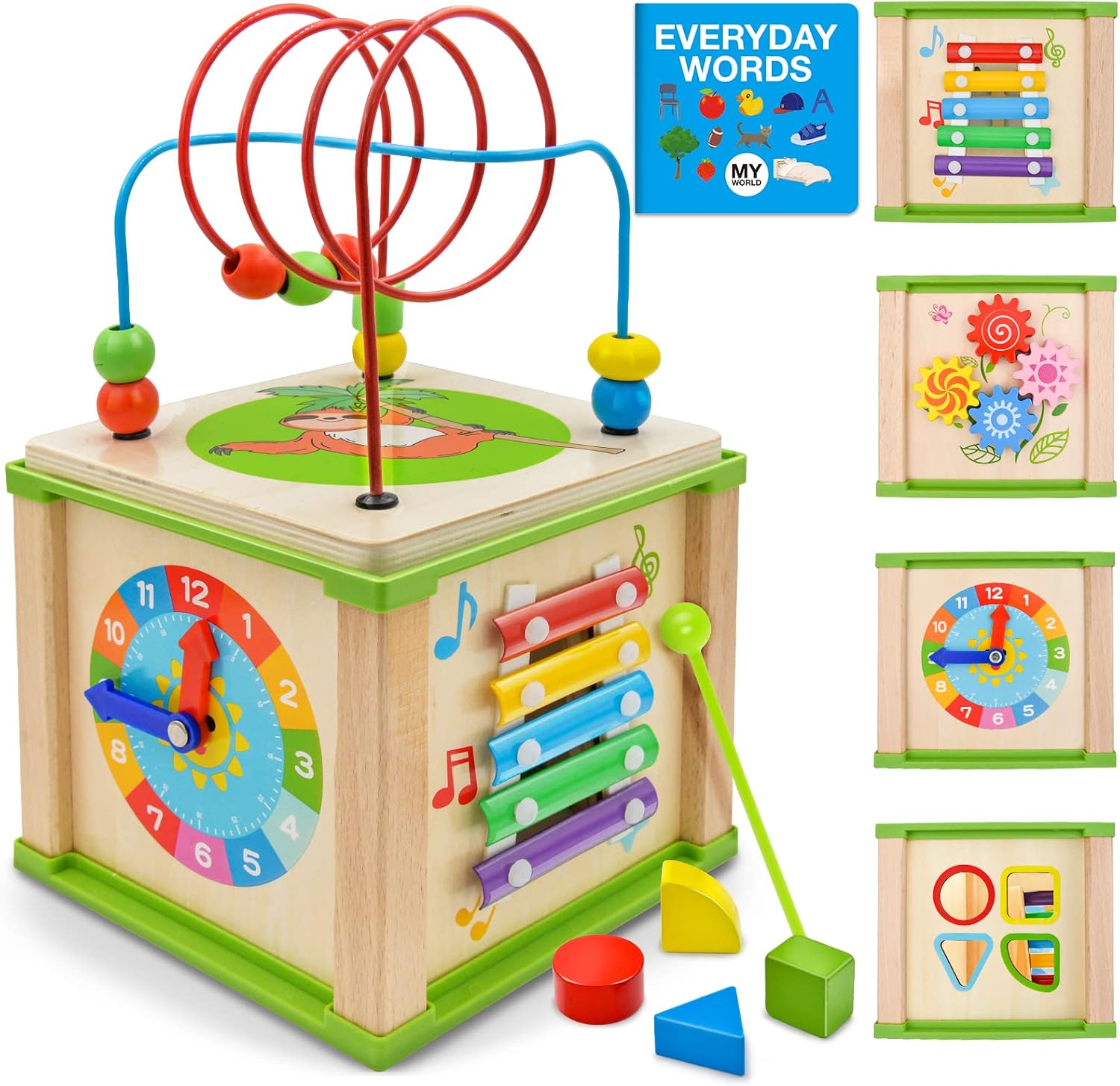 Amagoing 5-in-1 Baby Activity Cube, Wooden Educational Kids Toys for Toddler, Montessori Development Learning Toys with Bead Maze for Boy Girl, First Birthday Gift (Bule Packaging)