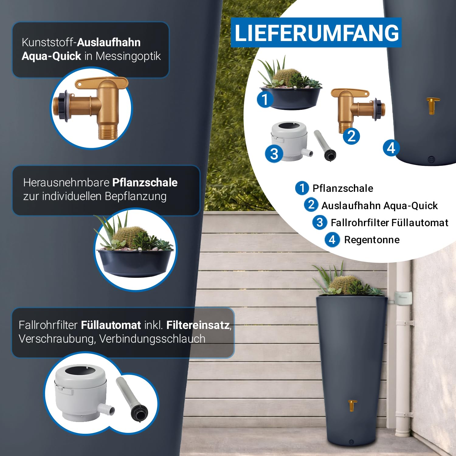 4rain Vaso 2in1 Regentonne 220 Liter Graphite Grey inkl. Kunststoff-Auslaufhahn und Fallrohranschluss - schlanke Regentonne für den Garten - modernes Design mit Pflanzschale und klarer Gestaltung