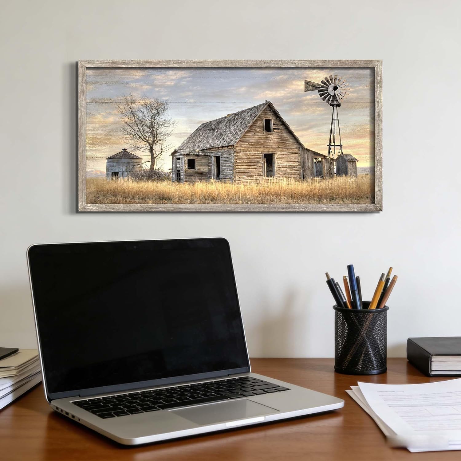 Rustic Farmhouse Framed Wall Art: Weathered Barn Picture Prints Countryside Windmill Painting Wooden Artwork for Country Home Decor