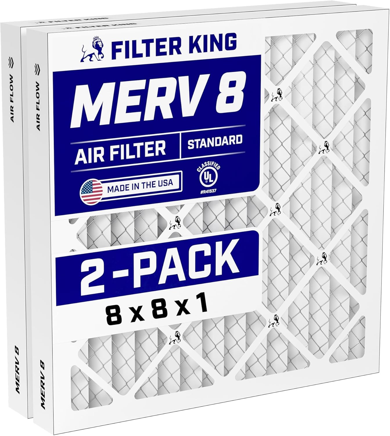 Filter King 8x8x1 Air Filter (MERV 8) (2-Pack) Dust & Allergy Control AC Furnace Filters, MADE IN USA, HVAC, Pleated, Electrostatic (Actual Size: 8 x 8 x .75)
