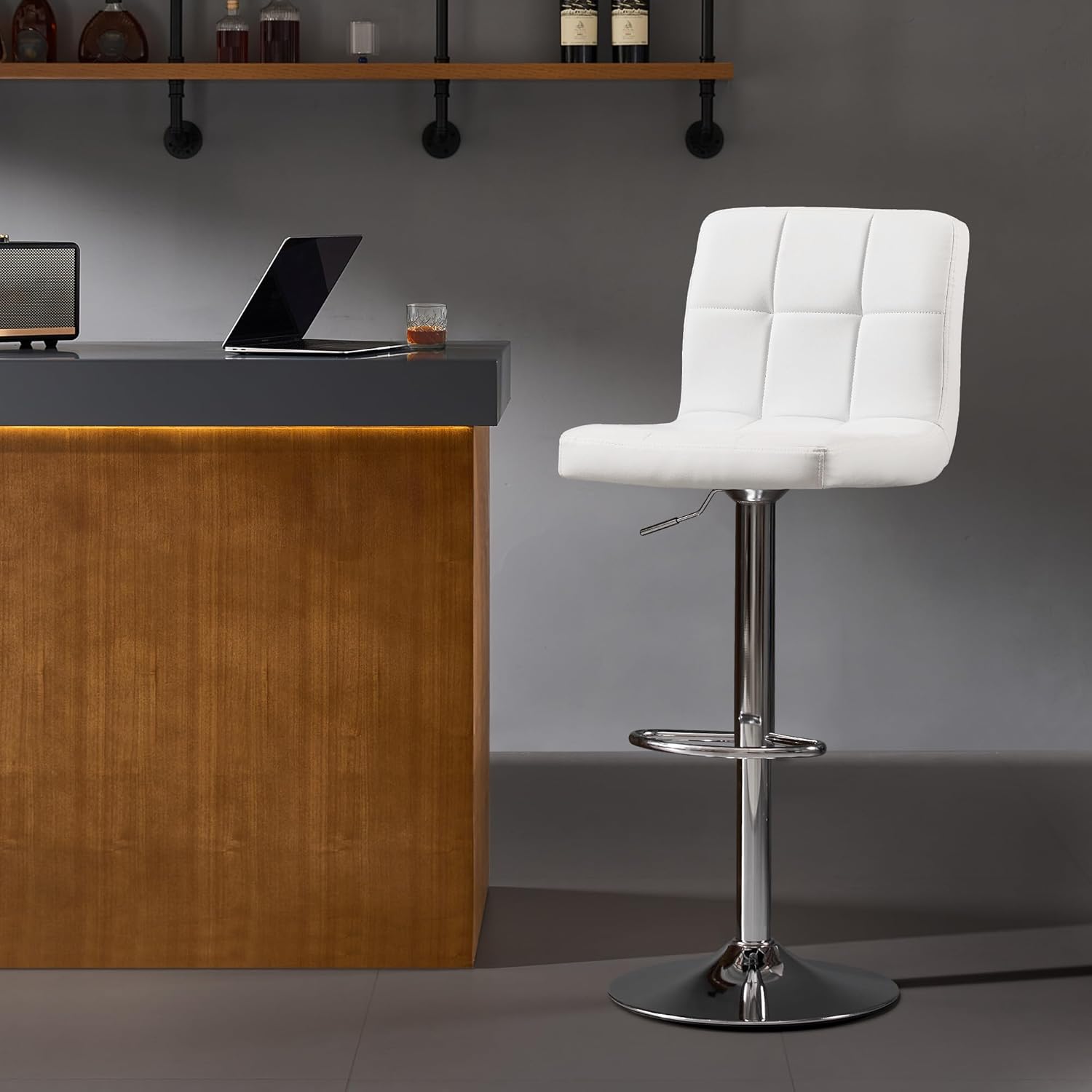 Bar Stools, Thickened Seat Cushion Square Swivel Bar Stools with Back, Adjustable Counter Height Bar Chairs for Kitchen Island, Dining Room, White