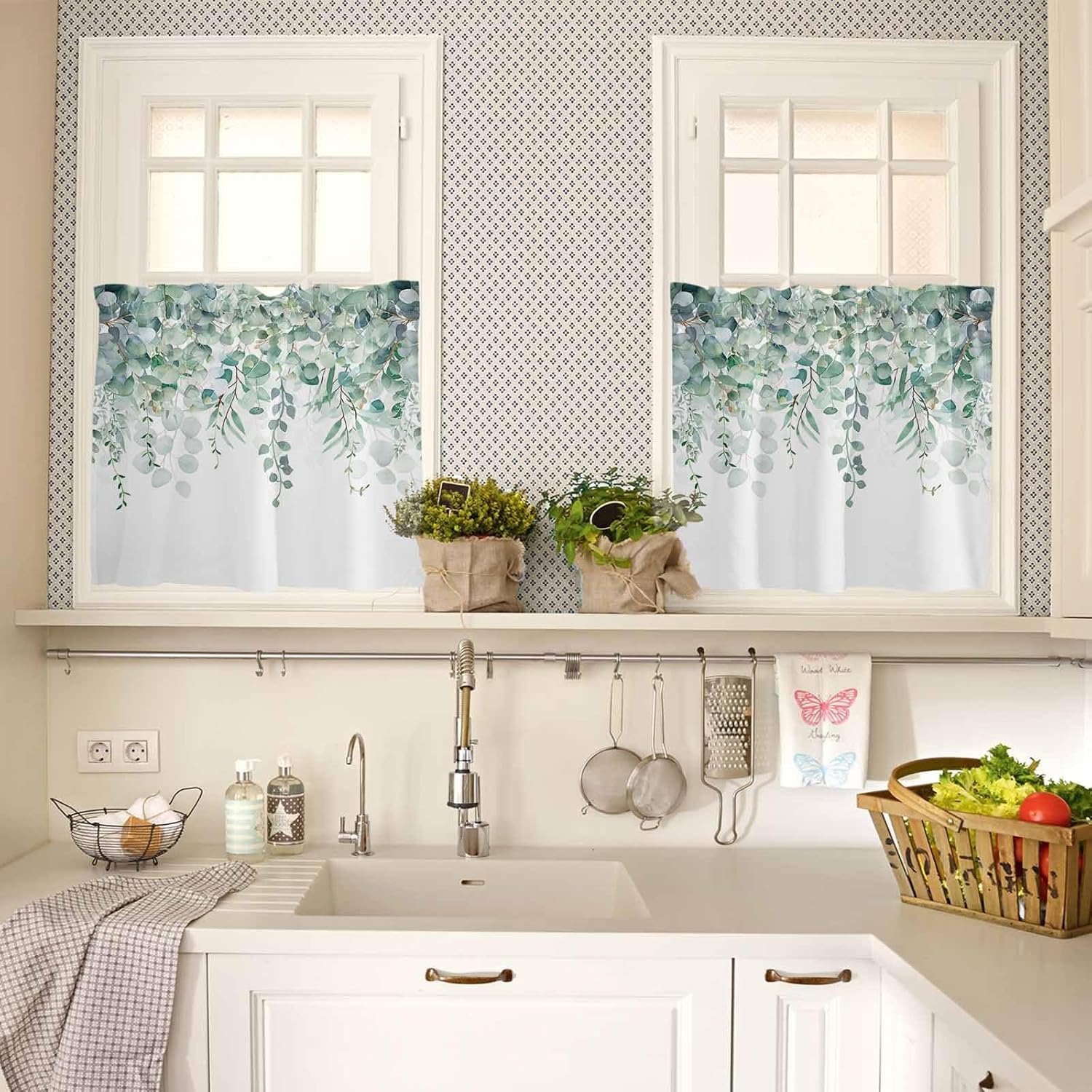 Kitchen Curtain Valance and Tiers Set Green Eucalyptus 3 Pc Window Treatment Watercolor Leaves 3 Pieces Rod Pocket Valance Set for Small Windows 54 in x 24 in