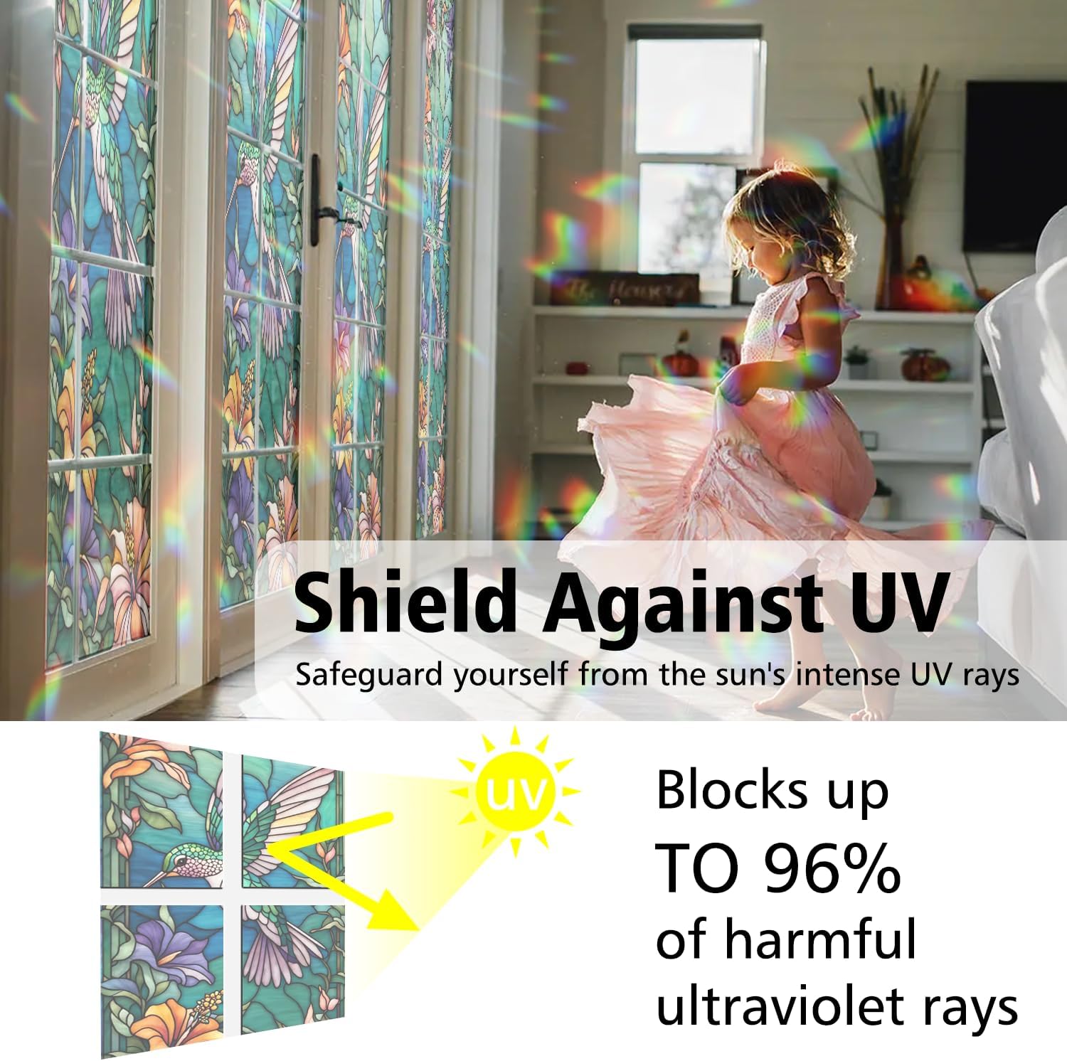 Decorative Hummingbird Stained Glass Window Film, Hummingbird Stained Glass Window Film for Bathroom Shower Door Heat Anti UV