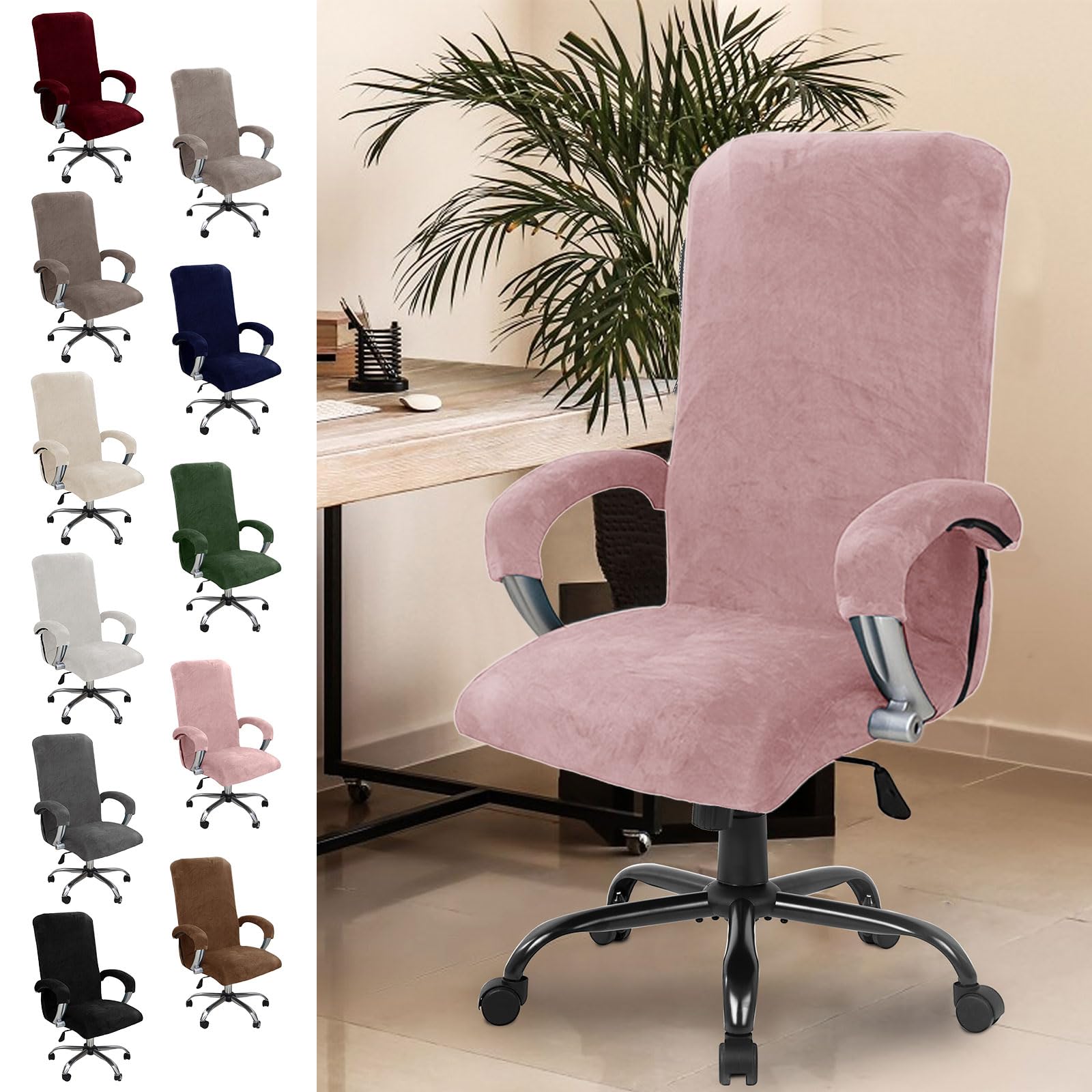 Funda de terciopelo para silla de oficina, con reposabrazos, funda elástica (rosa)