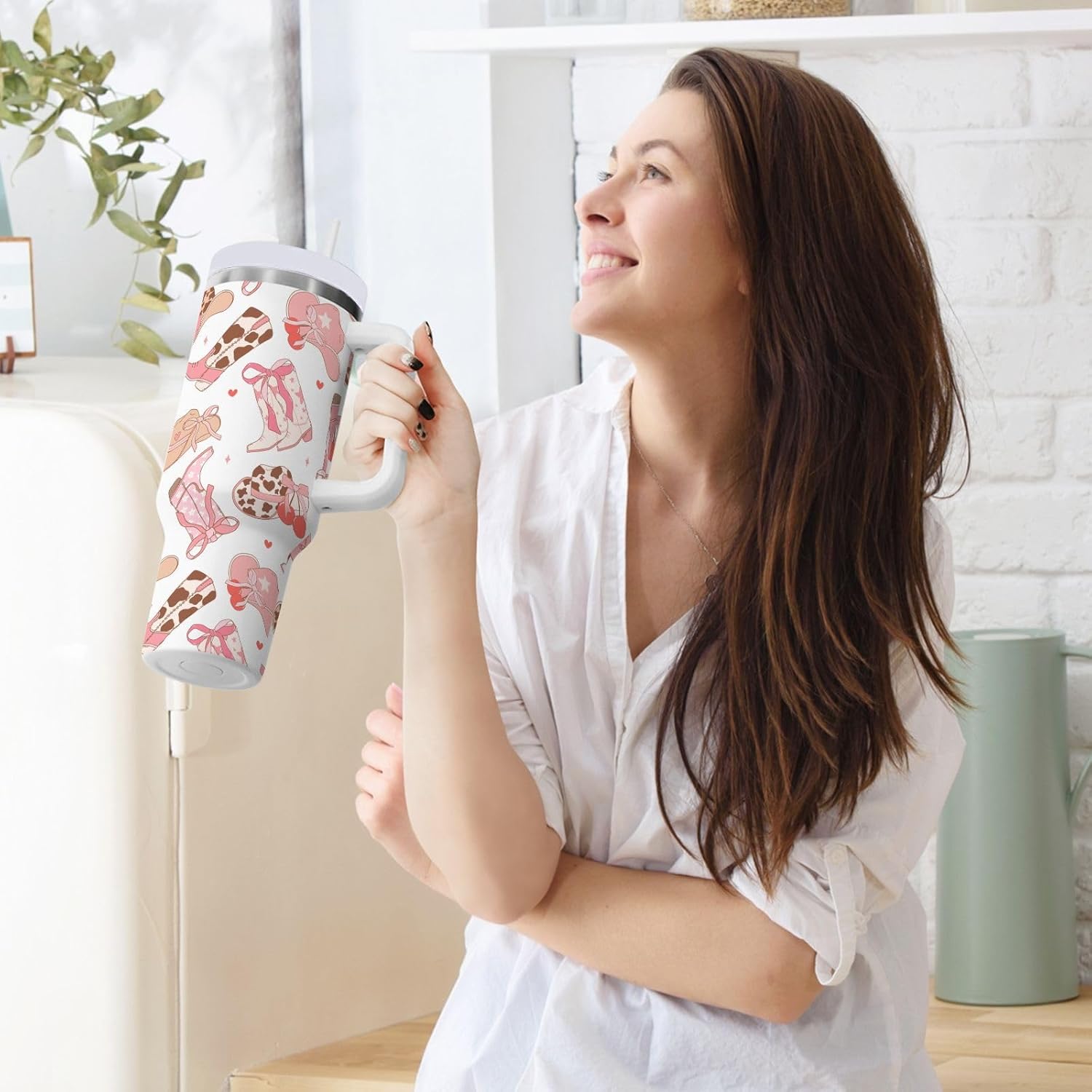 30 oz Tumbler Western Pink Cowgirl Boots Hat Insulated Travel Mug Stainless Steel Vacuum with Handle and Straw Lid Coffee Cup Tea Water Bottles for Sports Work Car Travel Hot Cold Drink - Image 6