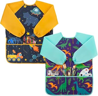 Oiomniv Kids Art Smock Waterproof Long Sleeve Painting Apron with 3 Pockets, Washable Toddler & Kids Smock for Ages 3-8