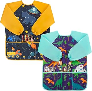 Oiomniv Kids Art Smock – Waterproof Long Sleeve Painting Apron with 3 Pockets, Washable Toddler & Kids Smock for Ages 3-8
