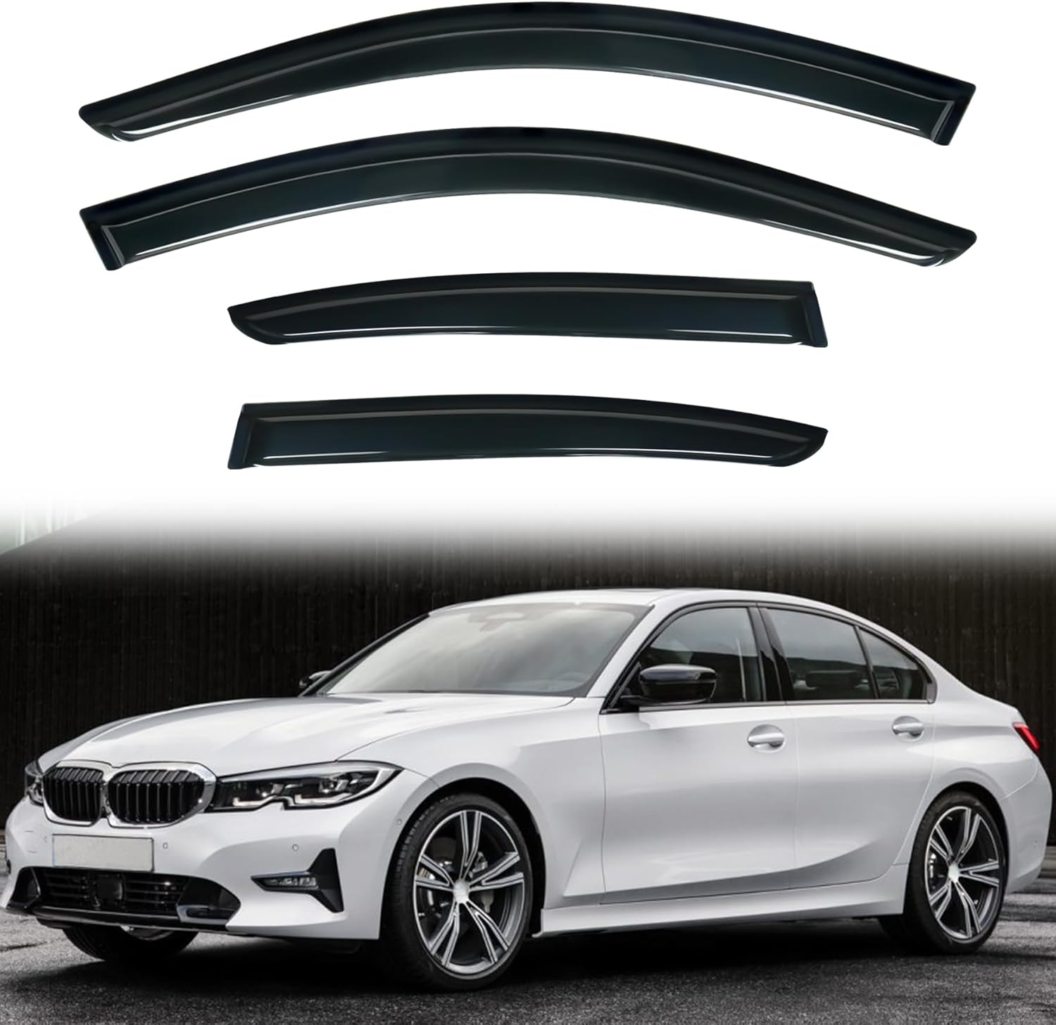 4pcs Smoke Tint Out-Channel Rain Guard Compatible with 2012-2019 BMW F30 3-Series 4-Door Sedan M3 318 320 325 328 330 335 340 i d xdrive e Tape-On Vent Window Visors Car Accessories
