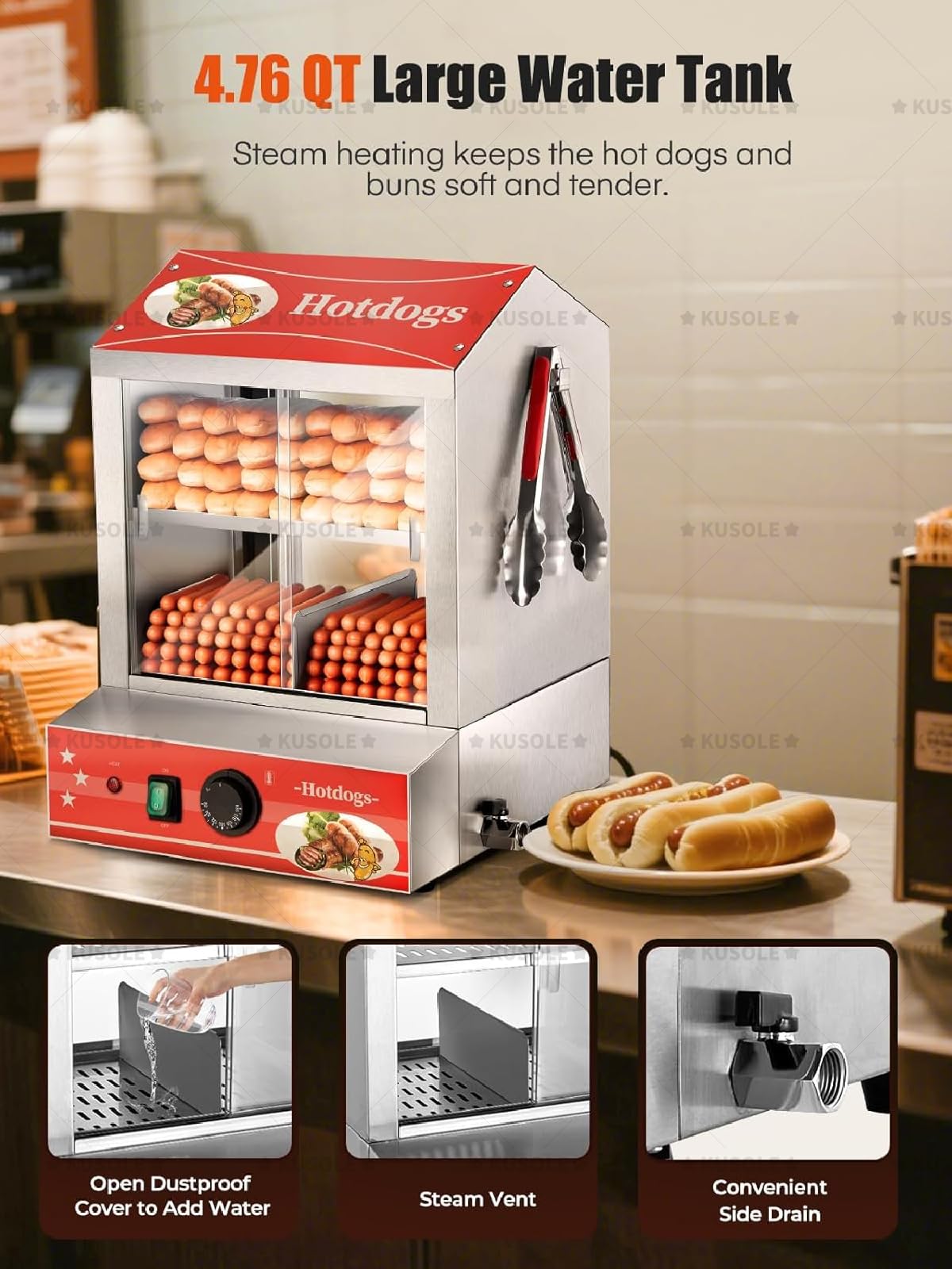 Ta 27-litrowa parowarka do hot dogów może jednocześnie ugotować 175 hot dogów i 40 bułek. Posiada dwuwarstwową konstrukcję z wyjmowaną półką i klipsami do żywności. 110V