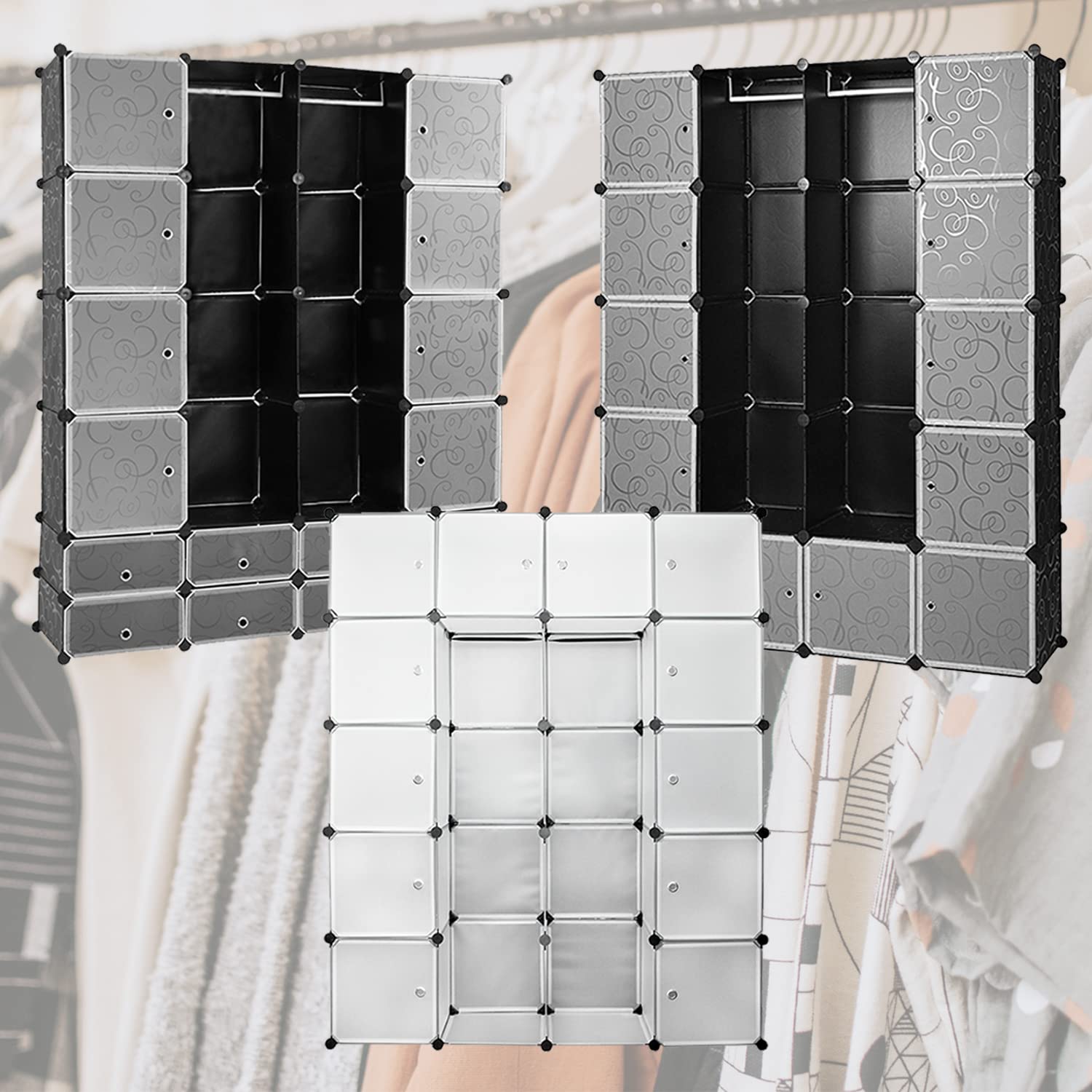 Système de penderie - Avec battants, 20 cubes de rangement, marteau et 2 tringles pour la suspension des vêtements - En plastique PP - 180 x 142 x 37 cm - Noir