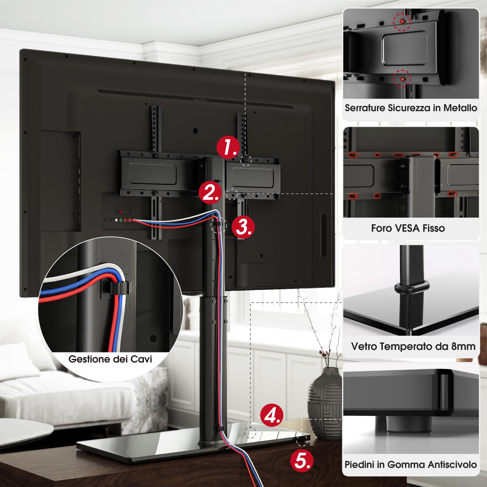 AOKCOS Supporto TV da Tavolo Inclinabile per 42-85 Pollici, Girevole & Altezza Regolabile Piedistallo TV con Base, Mobile Porta TV Max VESA 600x400mm 50KG