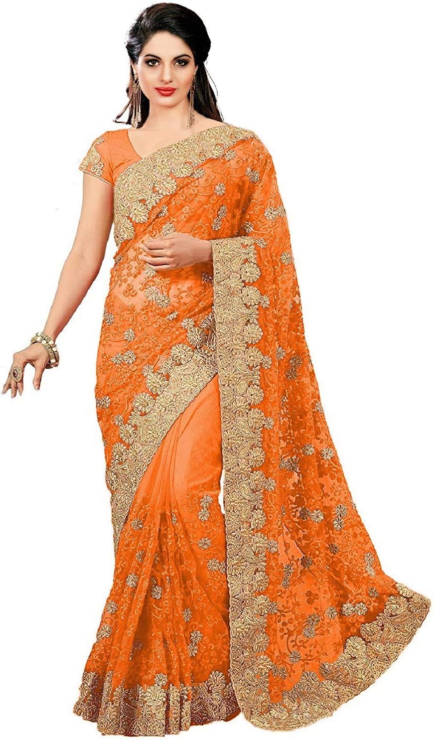 Nivah FashionWomen's Net Embroidery Saree with Blouse Piece (UK.K598-Orange)