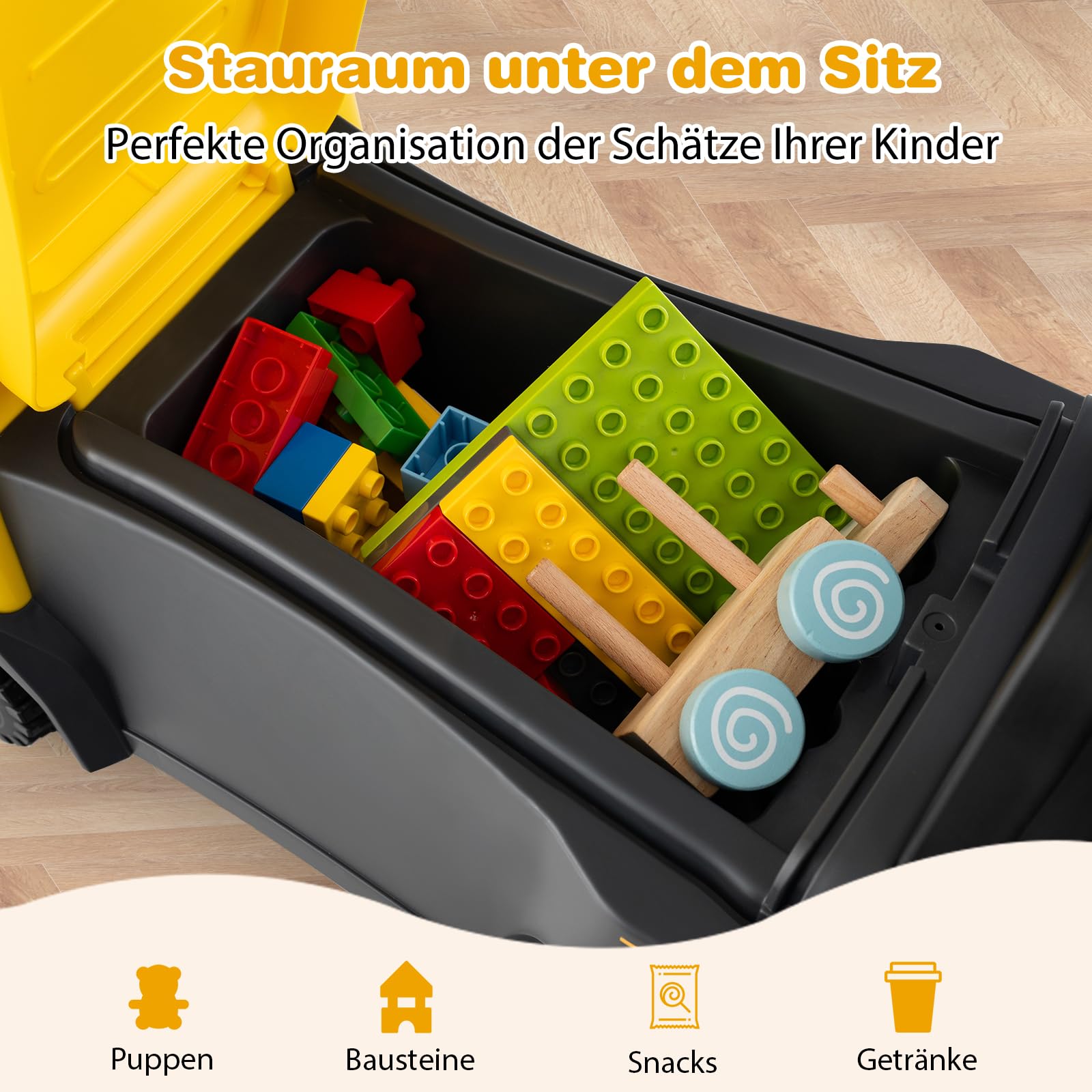 COSTWAY 2 in 1 Rutschauto, Polizeiauto mit Lenkrad, LED-Licht, Hupe & Musik, Rutscher Auto mit Stauraum, Schiebeauto, tragbares Rutschfahrzeug für Kinder ab 1 Jahr (Gelb)