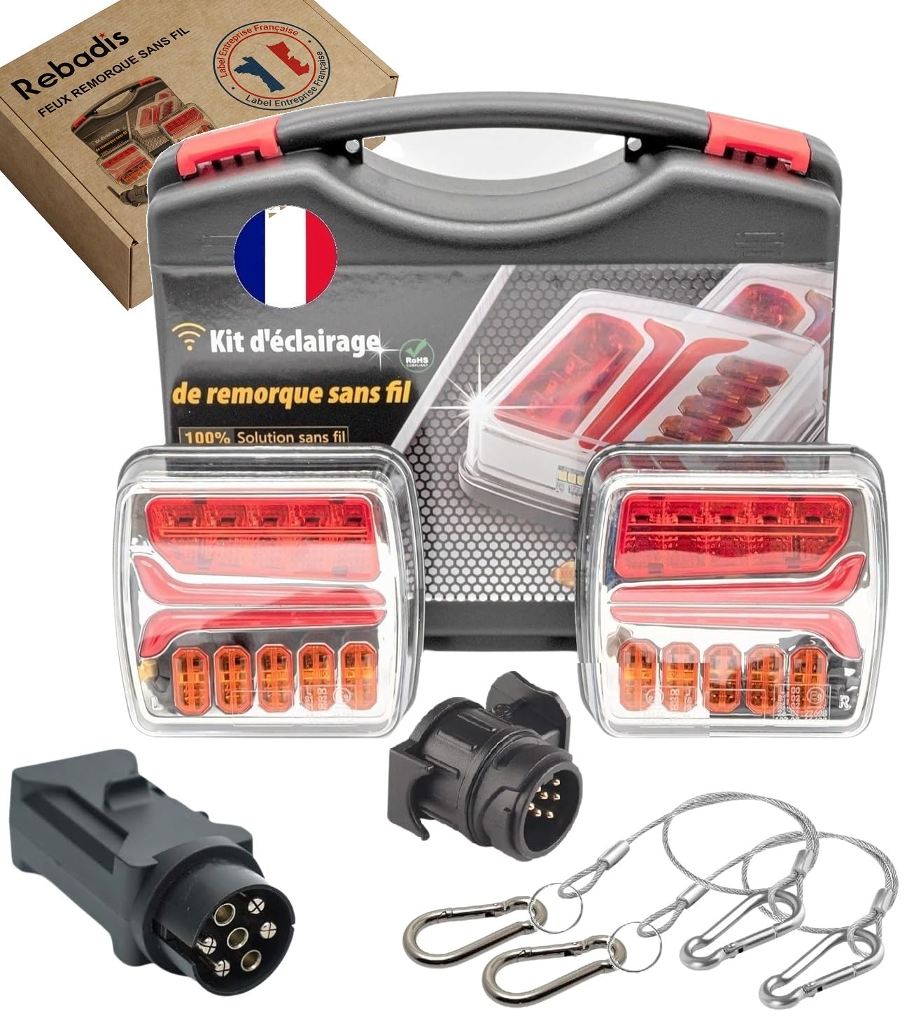 Plaque de feux sans fil pour remorque, kit éclairage arrière magnétique feu led wifi avec adaptateur 7/13 broches