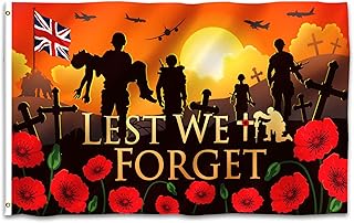 DPKOW Lest We Forget Flag for Remembrance Day Decorations, World War I Veterans Day Flag Remembrance Day Banner, Remembrance Sunday Flag Banner Polyester Double Stitched with Brass Grommets, 5x3Ft