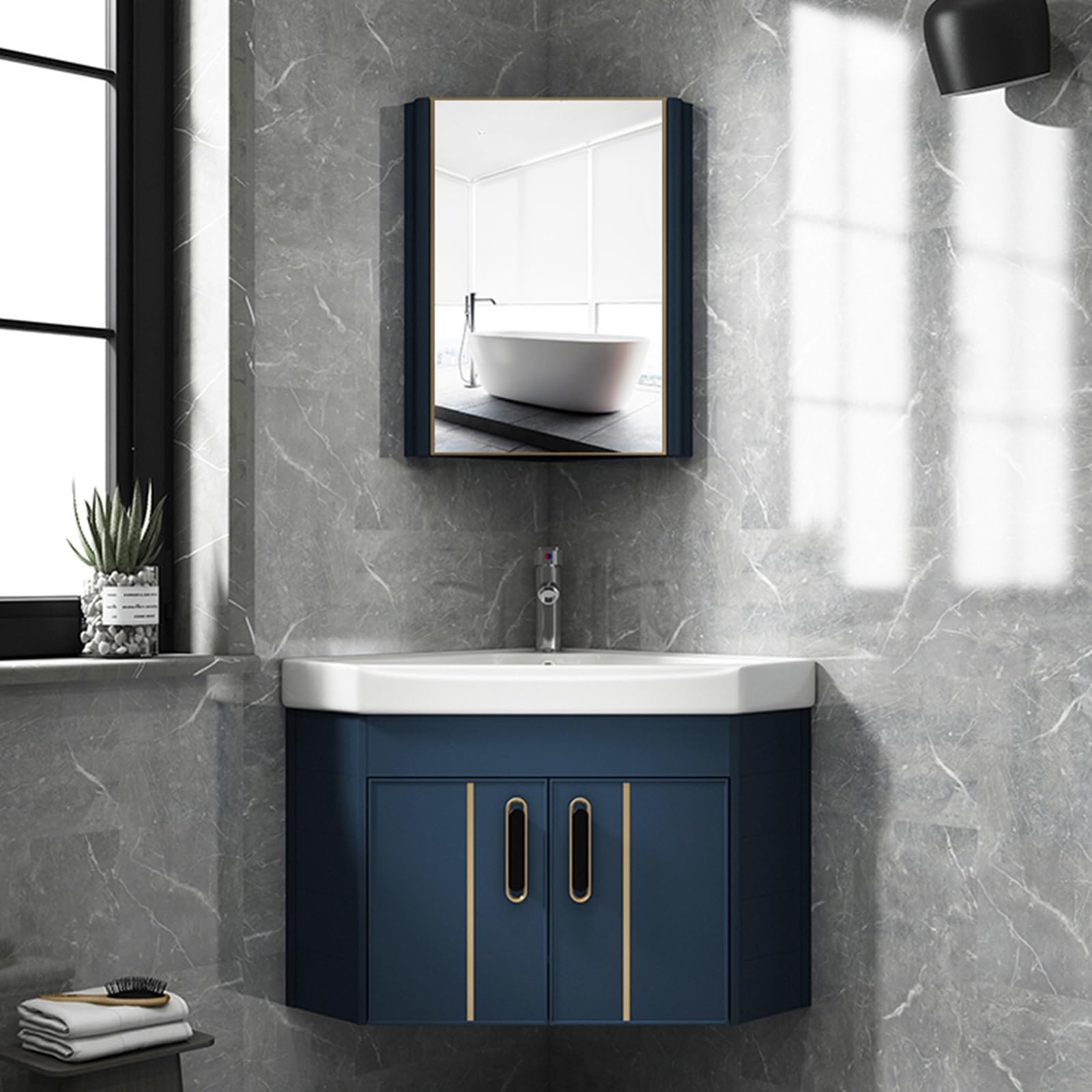 Moderno fregadero pequeño de pared con mueble flotante para tocador, mini lavabo de esquina en 3 colores, incluye grifo plateado, ideal para baños y apartamentos, juego azul de 2 a 56 cm