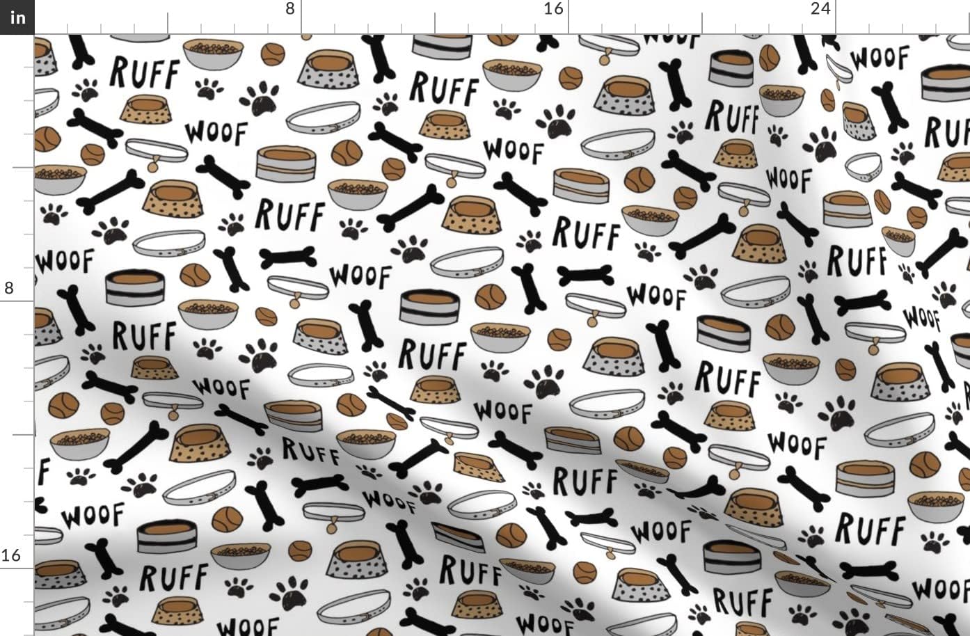 Spoonflower Fabric - Cute Dog White Bone Food Bowl Pet Illustration Dogs Puppy Paw Print Printed on Organic Cotton Sateen Fabric by The Yard - Sewing Quilting Apparel Home Decor