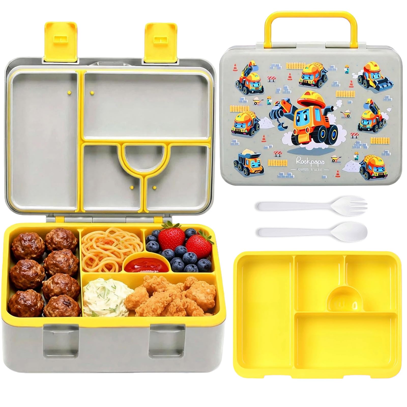 rockpapa 5.5 Cups Bento Lunch Box for Kids, 5-Compartment, Constr Trucks