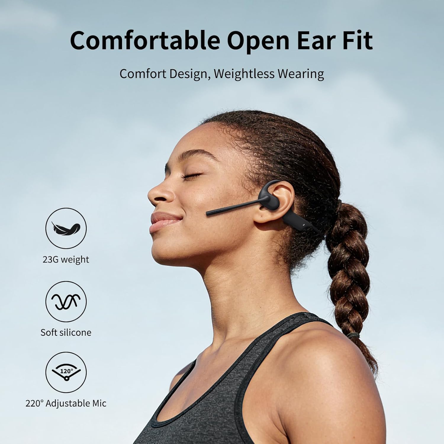 CXK Open Ear Headphones with Mic, Bluetooth 5.4 Dual Noise Canceling Mic for Clear Calls, 23g Lightweight Headset with Mute Button, 12H Playtime Air Conduction Headphones for Call, Meeting, Drivingng