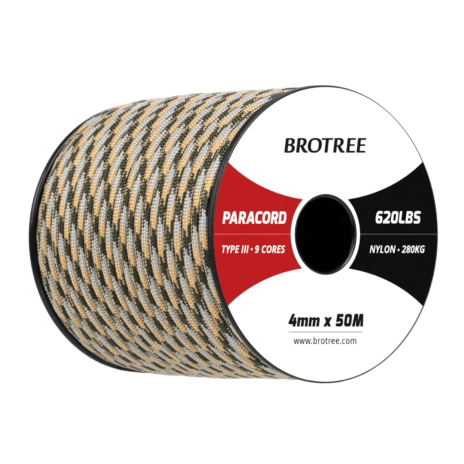 Brotree 4mm Paracorde 550 7 Brins Corde en Nylon 50M Type III Corde Parachute pour Survie, Extérieur, Bricolage - 250kg Charge de Rupture (Armée Verte