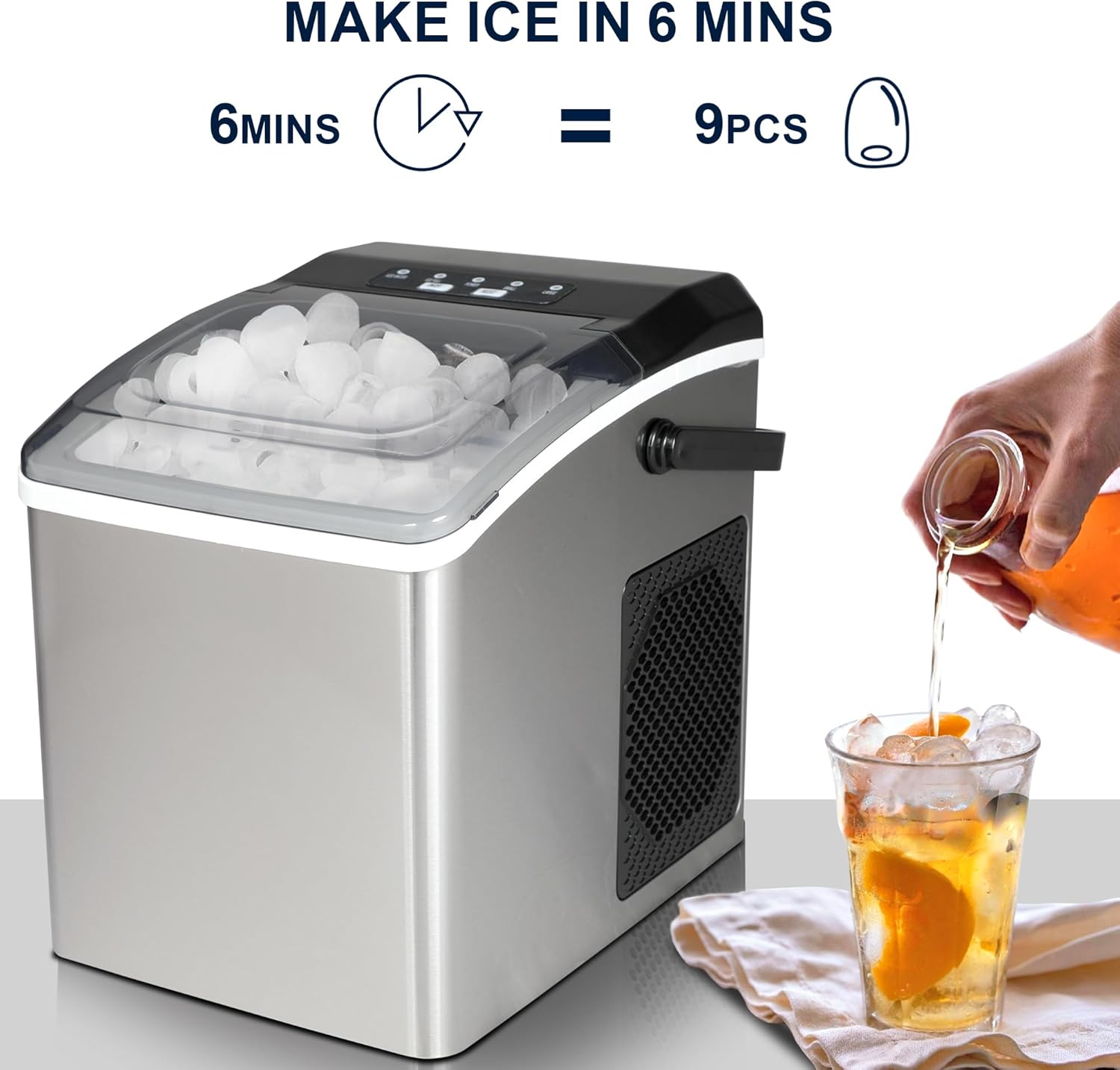 Kenmore Countertop Ice Maker – Maquina para Hacer Hielo en Casa, Nugget Ice Maker Makes 9 Pebble in 6 Mins, Portable Self‑Cleaning Ice Machine, 26 Lbs/Day, Stainless Steel