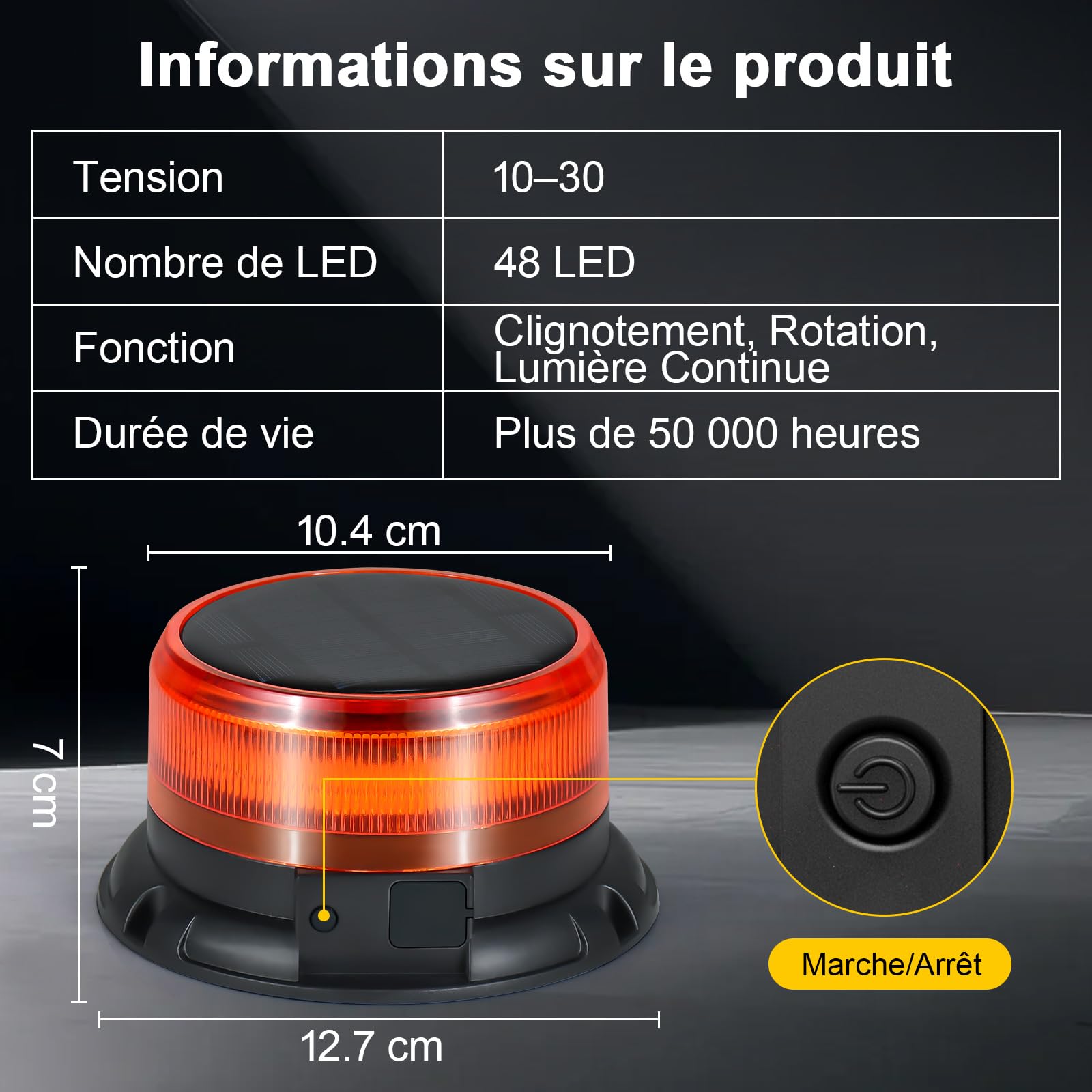 Gyrophare LED Sans Fil Solaire Magnétique Orange pour Tracteur | Étanche IP68, Fixation 130 km/h, 9 Modes Clignotants, Recharge USB, pour Camion et Remorque