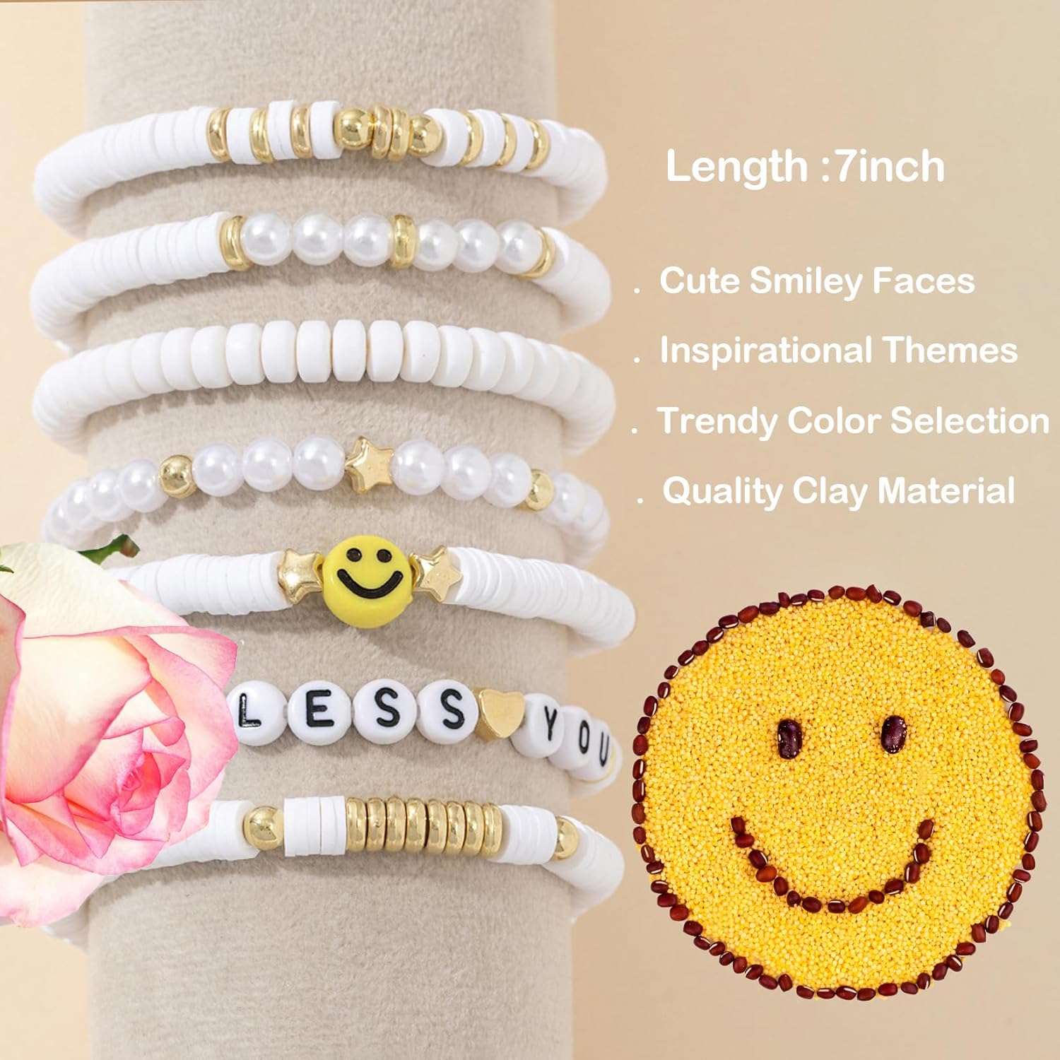 Friendship Stretch Stackable Bracelets, Heishi Surfer Clay Bead Preppy Smiley For Women Bracelet - Image 2