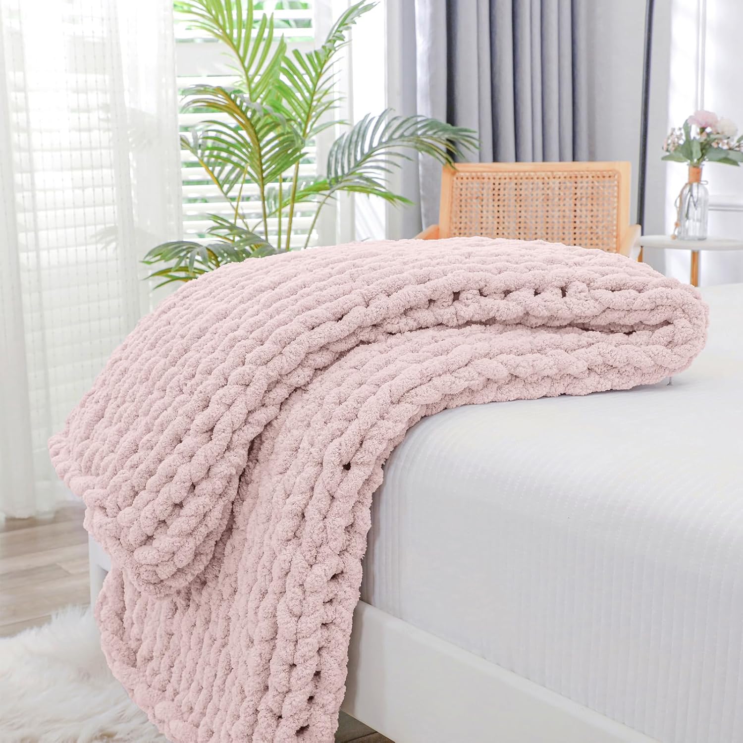 bigacogo chunky knit throw blanket for couch, 40x40 inches, 100% hand knitted with thick jumbo chenille yarn, cozy soft large rope knot cable crochet blankets for sofa bed living room, rose tan rose tan 40"x40" (small size throw?