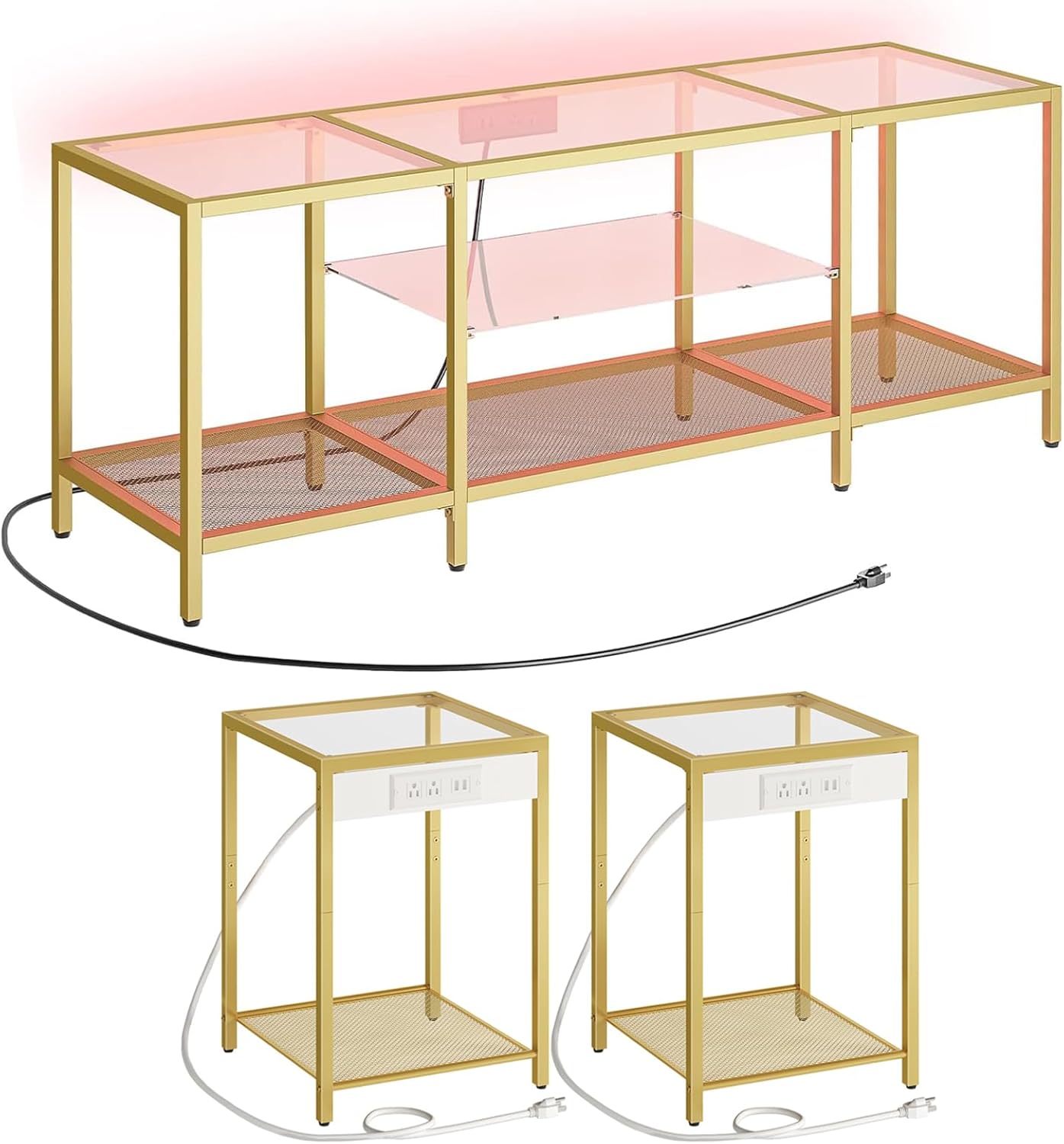 HOOBRO TV Stand and 2-Tier Side Table with Charging Station Bundle, Modern 55 Inch Corner TV Console Table, Set of 2 End Tables with USB Ports, Nightstand for Tight Spaces, GD143UDS01-GD76UBZP201