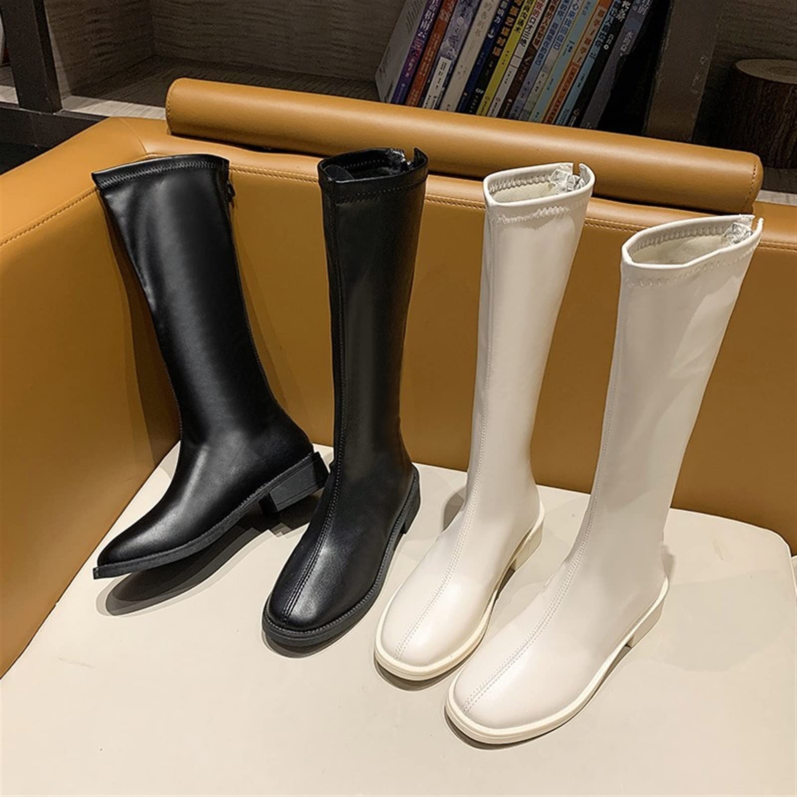 Botas para Mujer Botas de Montar Zapatos de Mujer Cuero Real Tacón Medio Botas hasta la Rodilla Punta Cuadrada Tacones con Cremallera Botas largas Otoño Invierno