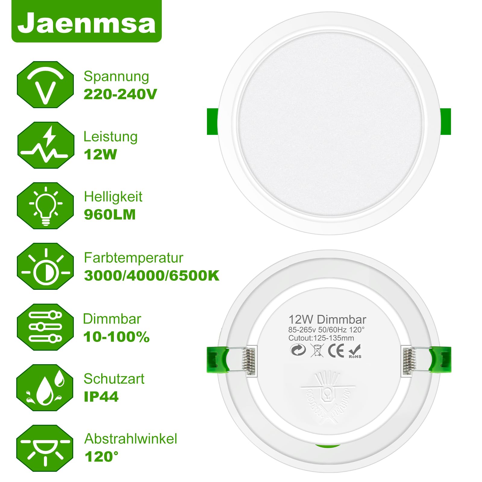 LED Spots 230V, 12er Set Einbaustrahler LED, 12W 125-135mm EinbauØ, IP44, Dimmbar, Led Deckenspots Flach Warmweiß 3000K Neutralweiß 4000K Kaltweiß 6500K für Badezimmer, Küche, Wohnzimmer
