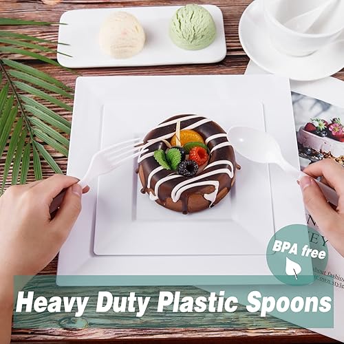 Vista 34 de Liacere 360 cubiertos de plástico transparente resistente, 150 tenedores, 150 cucharas, 60 cuchillos, sin BPA, resistentes al calor, juego de Claer