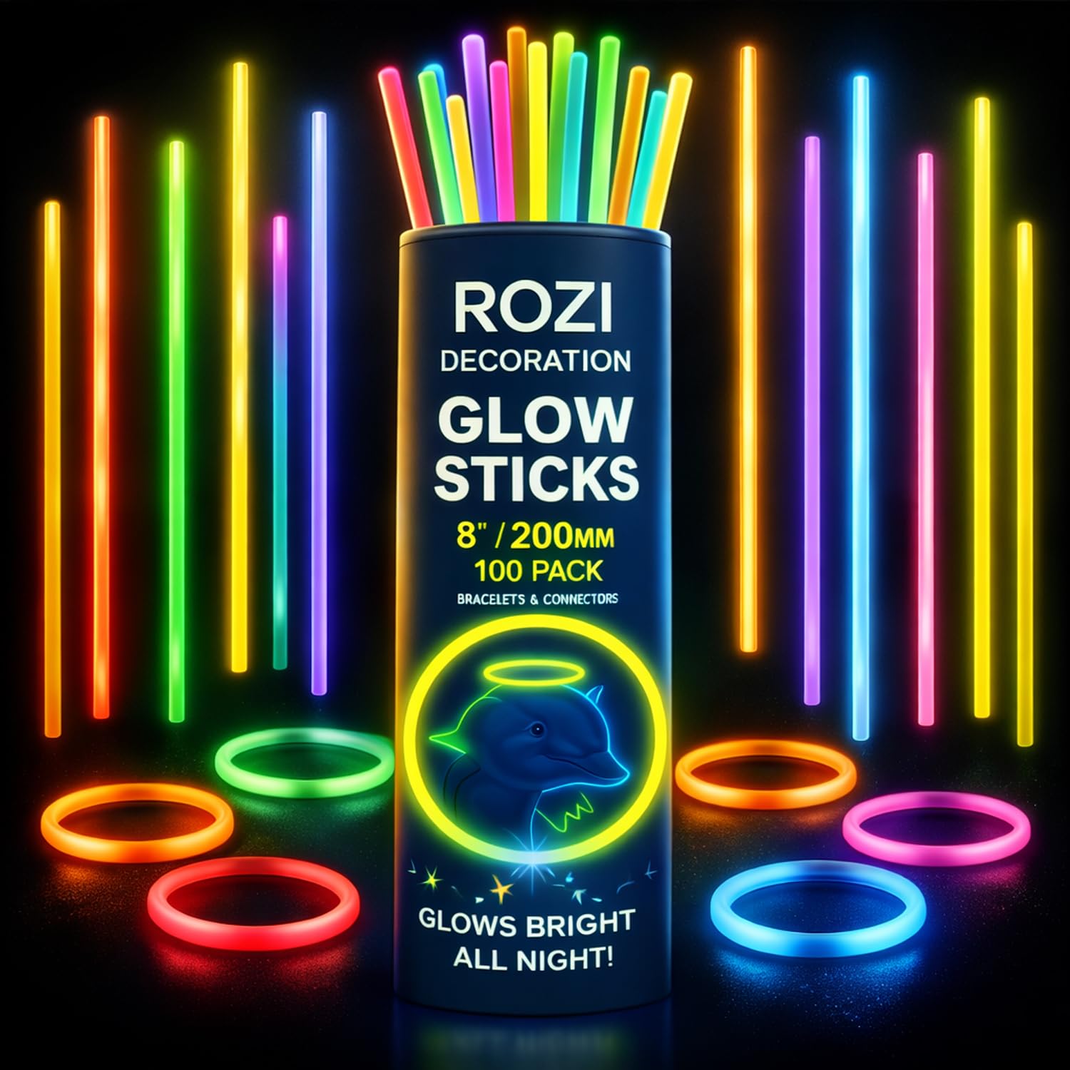 Rozi Decoration Glow in Dark Sticks Set of 50 Pcs with Free Connectors | Long Lasting Glow for Kids & Adults Party Decorations, Return Gifts, Festivals, Outdoor Events & Fun Activities