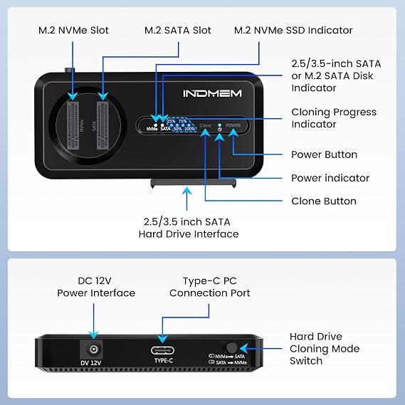 M.2 NVMe to 2.5'' 3.5'' Offline Clone Enclosure, SATA SSD to NVMe SSD Enclosure Adapter Cloner, 10Gbps Standalone Clone Duplicator