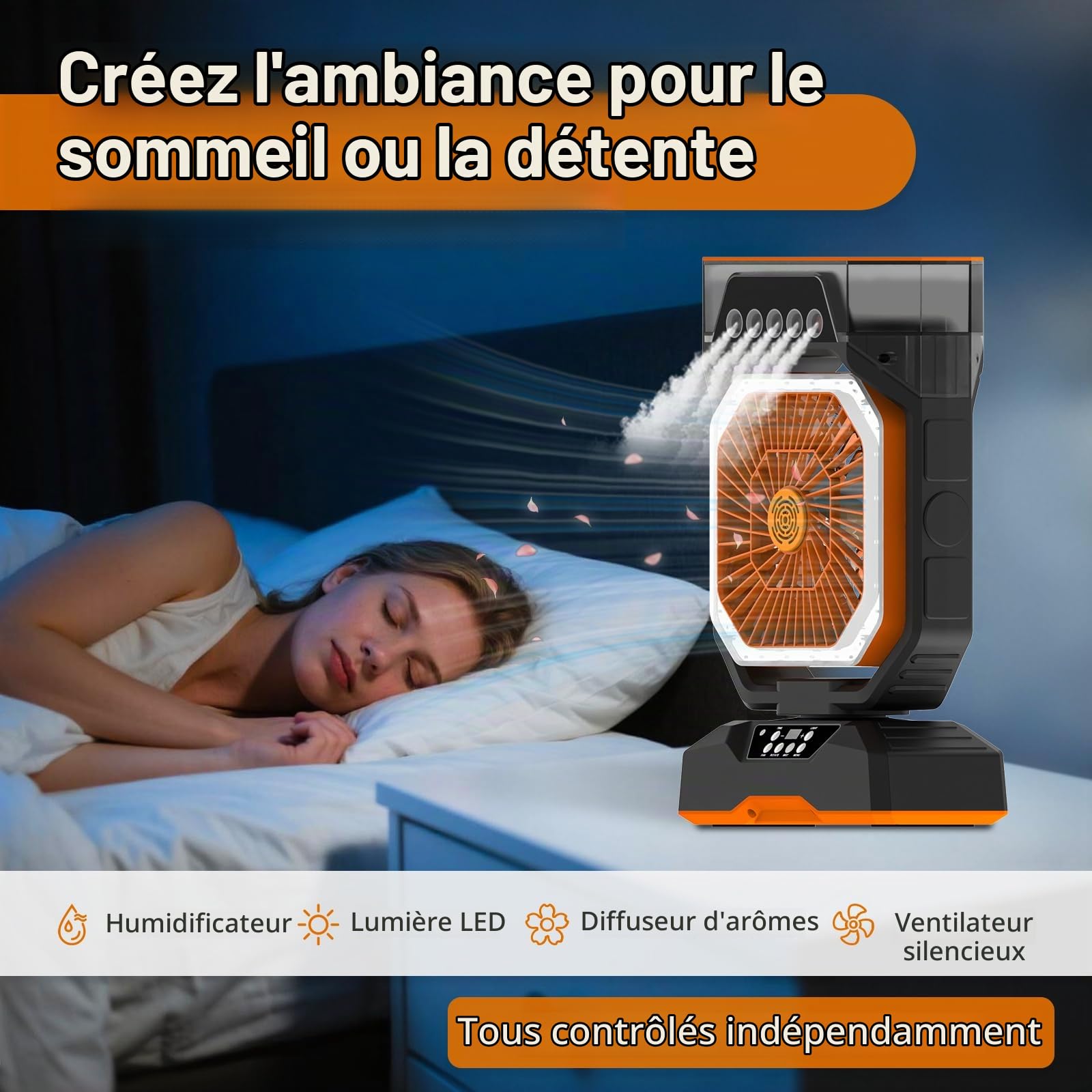 Ventilateur brumisateur rechargeable pour camping et maison - Ventilateur de refroidissement portable à 6 vitesses avec brume réglable, boîte d'aromathérapie, minuterie de 8 heures, batterie à charge