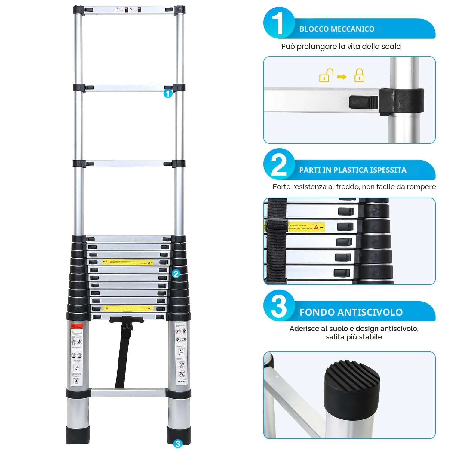 Scala telescopica in alluminio, blocco di sicurezza su più gradini, allungabile, antiscivolo, multiuso, carico massimo 150 kg, 2,6 m
