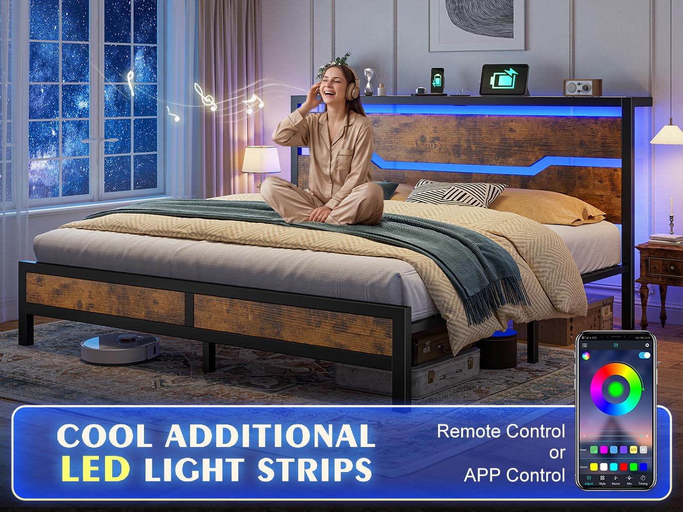 Homkdom King Bed Frame and Headboard,King Size Bed Frame with LED Lights & Charging Station, Metal King Size Platform Bed Frame,13" Under Bed Storage,900Lbs Heavy Duty,No Noise, Modern Brown