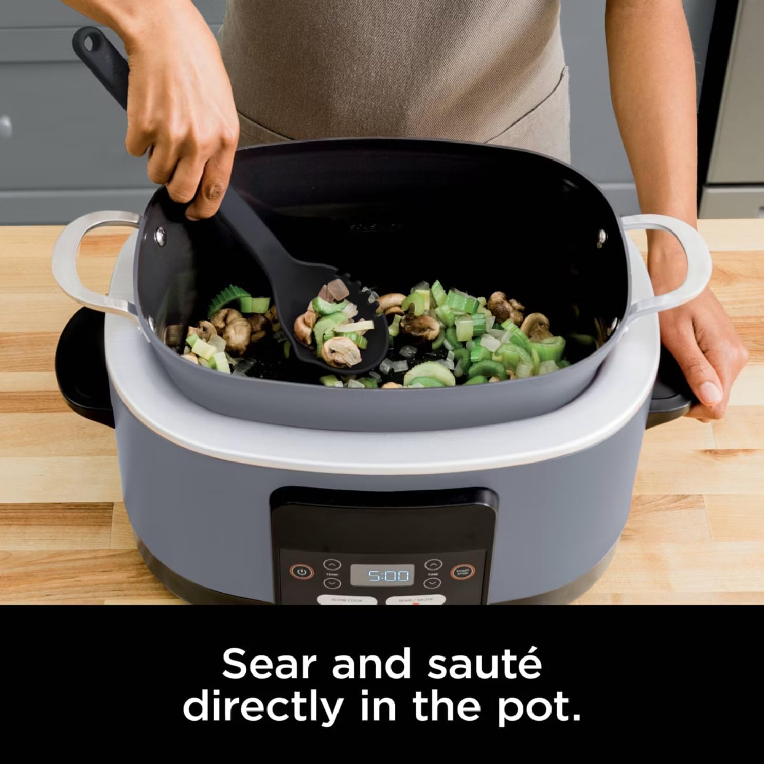 Foodi Possible Cooker, 8.5 Quart, 6-in-1 Multi-Cooker, Slow Cooker, Steamer, Glass Lid Integrated Cooking Utensil, Nonstick, Oven Safe Pot to 500°F, MC1000WM (Sea Salt Grey)