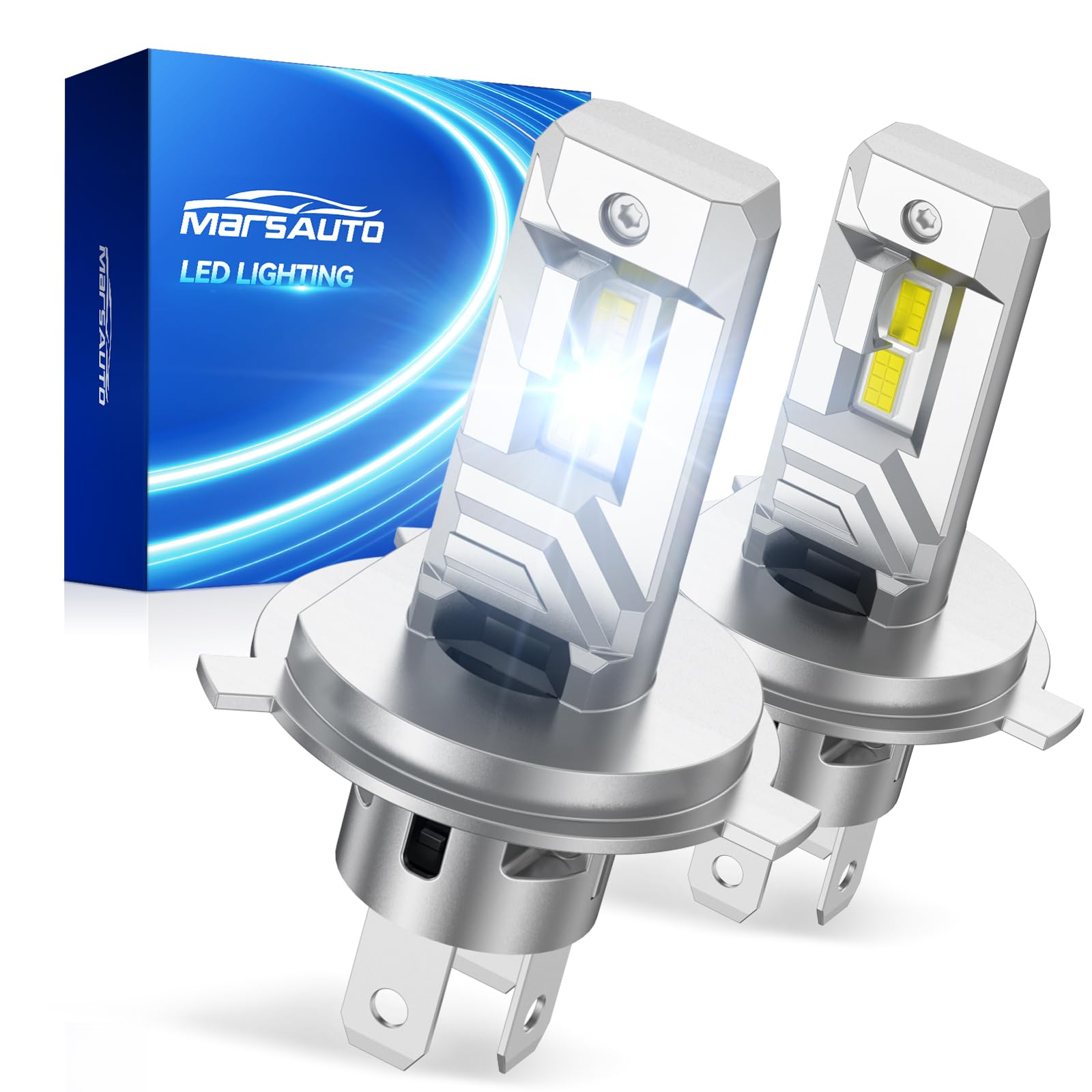 Marsauto H4 LED Bulbs, 1200% Brightness 70000LM, 6500K Cool White, 1:1 Mini Halogen Size, 8-Hole Adjustable Ring for Perfect Beam, CANbus Ready, Plug and Play, Pack of 2